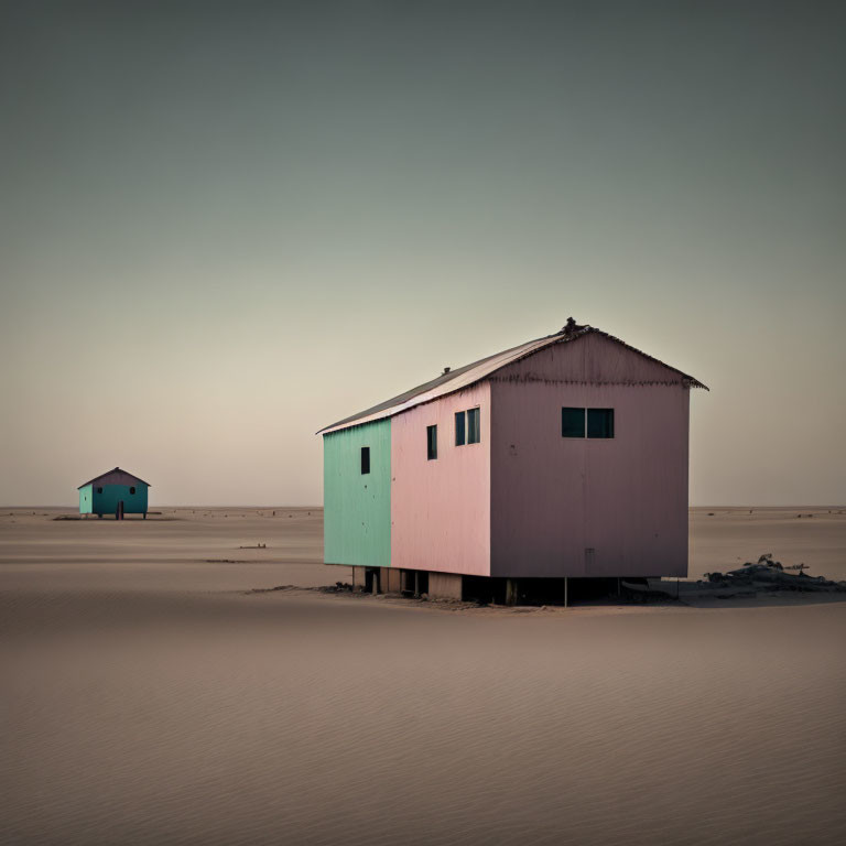 Colorful houses on stilts in desert at dusk or dawn