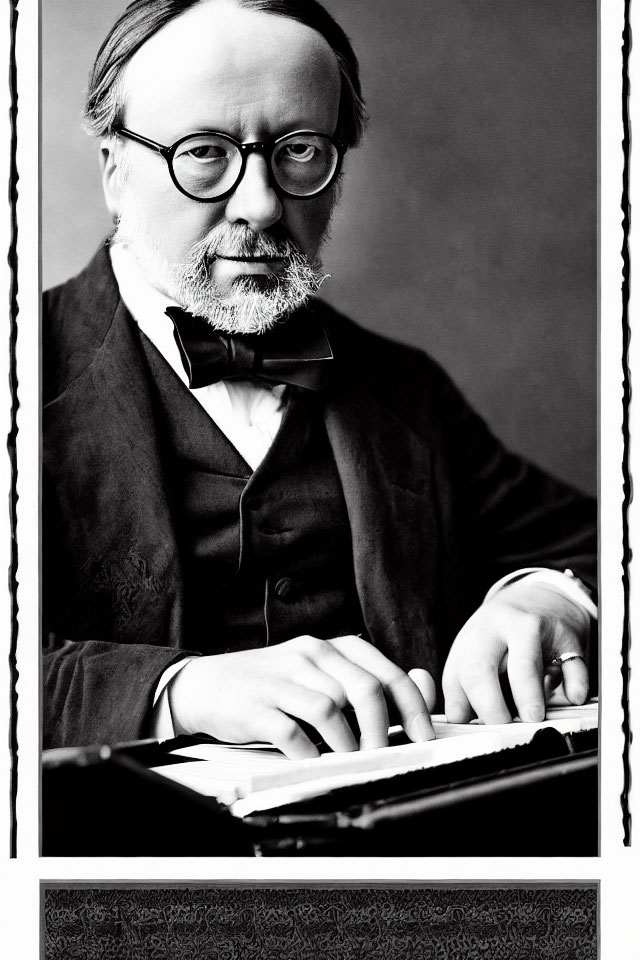 Vintage Black and White Portrait of Bearded Man in Suit at Desk