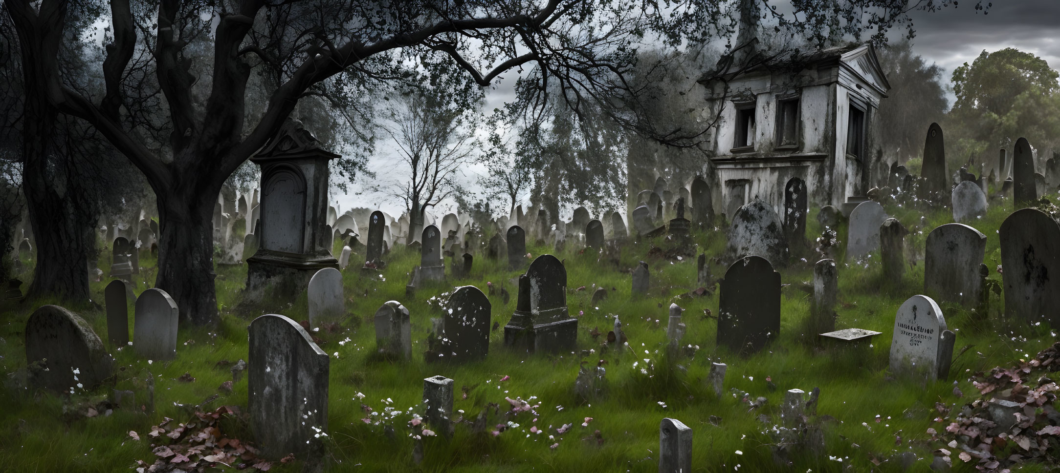 Misty overgrown cemetery with tombstones and crypts