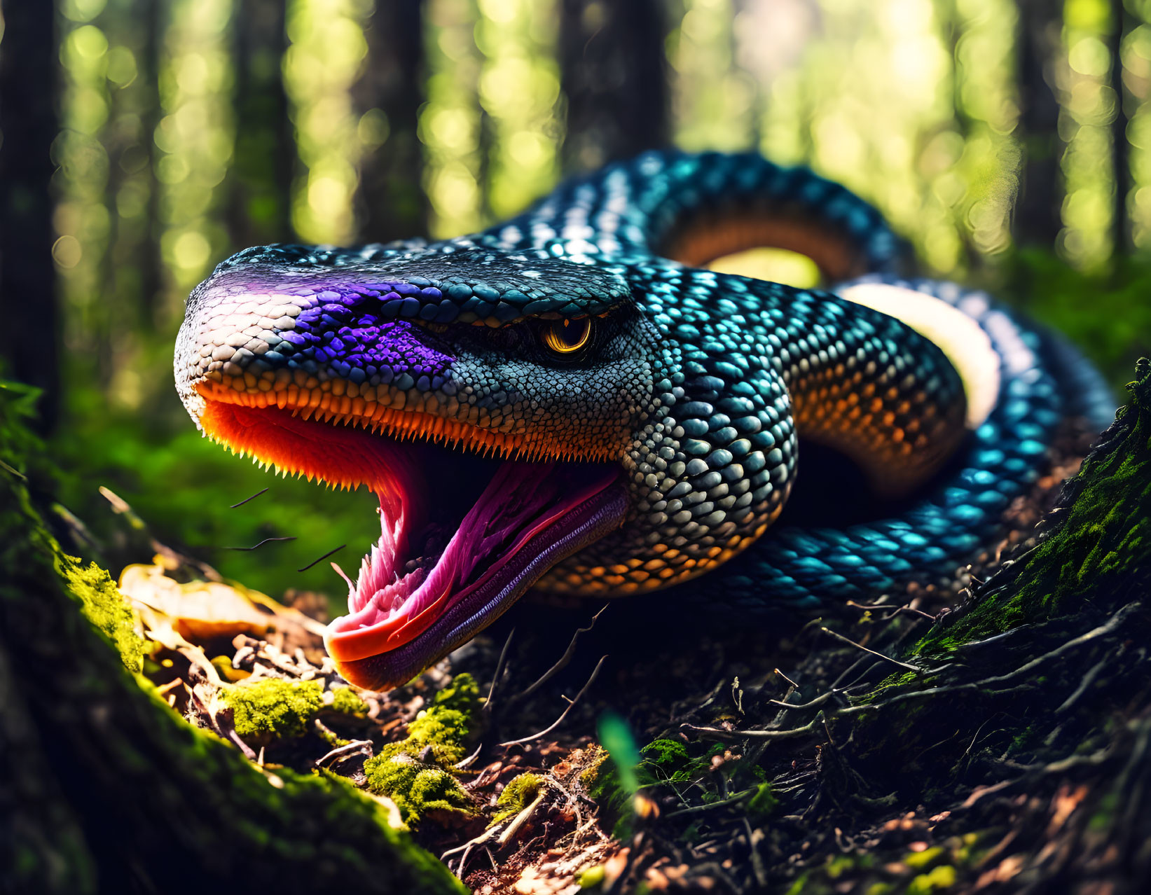 Colorful Snake Resting on Mossy Log in Sunlit Forest