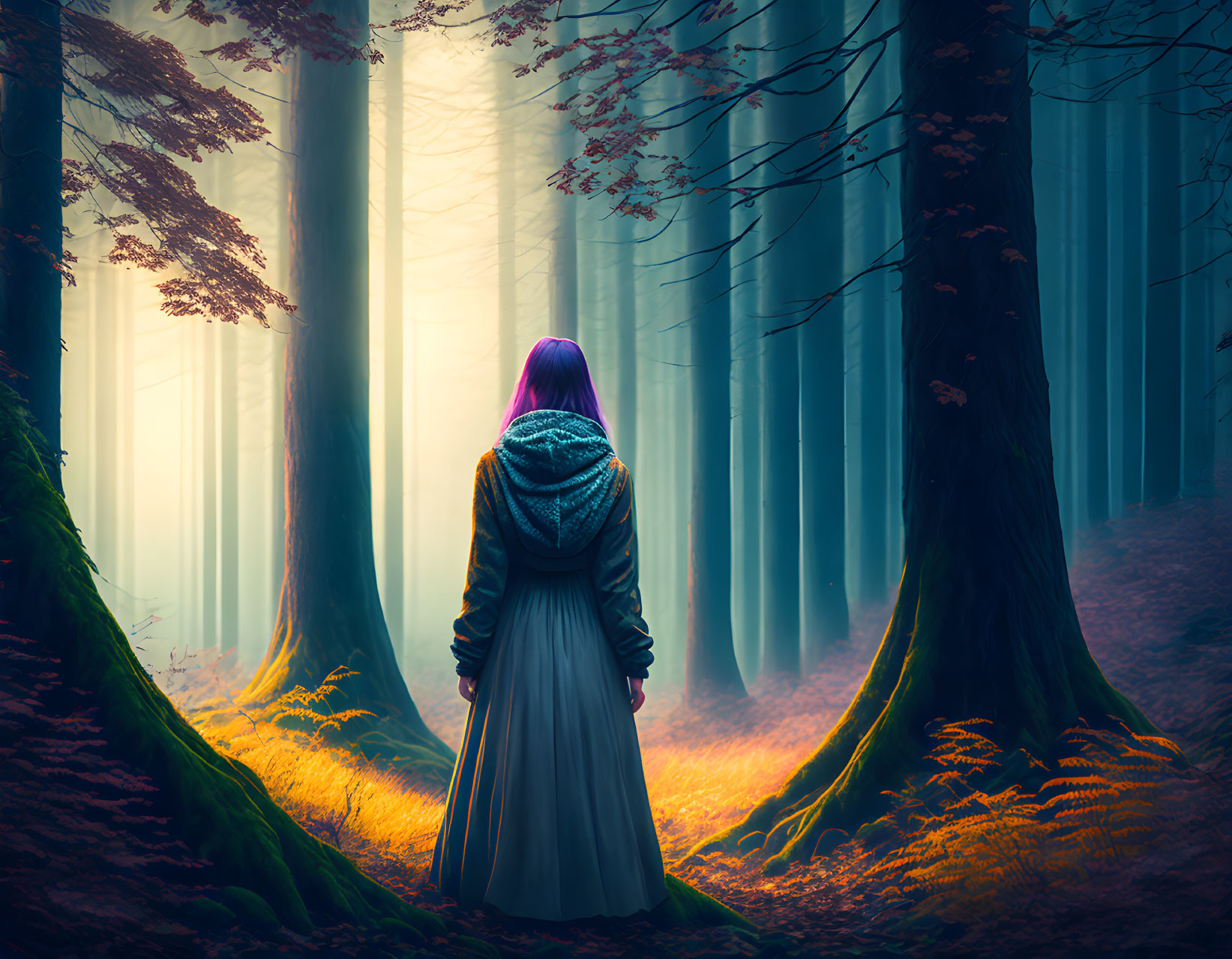 Purple-haired person in teal hoodie in mystical forest with sunbeams