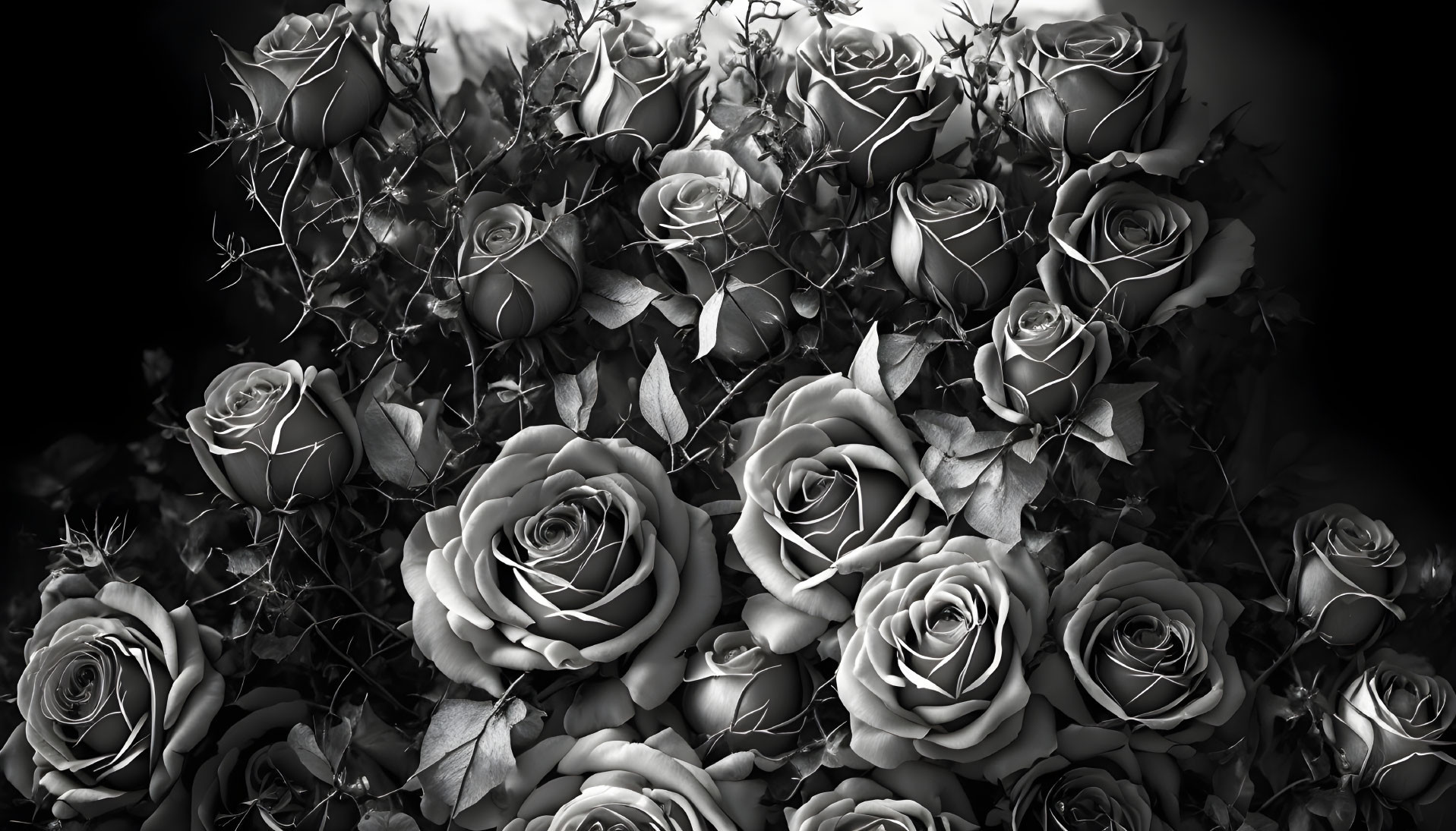 Monochrome photo of intricate rose cluster in varying light and shadow