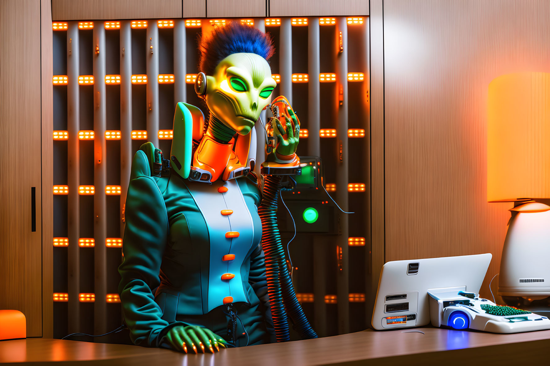 Green-skinned humanoid in suit using telephone in futuristic room