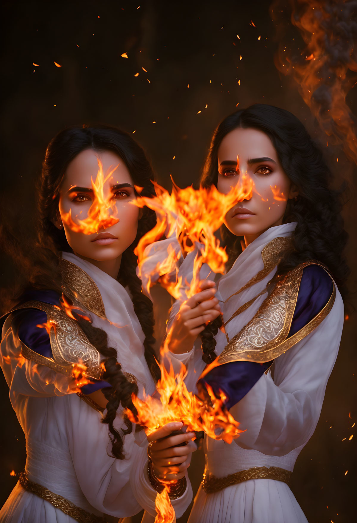 Two Women in White and Gold Attire Holding Flame in Dark Setting