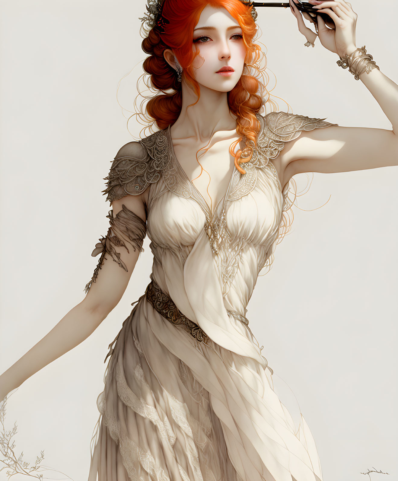 Elegant fantasy woman with red hair and gold adornments