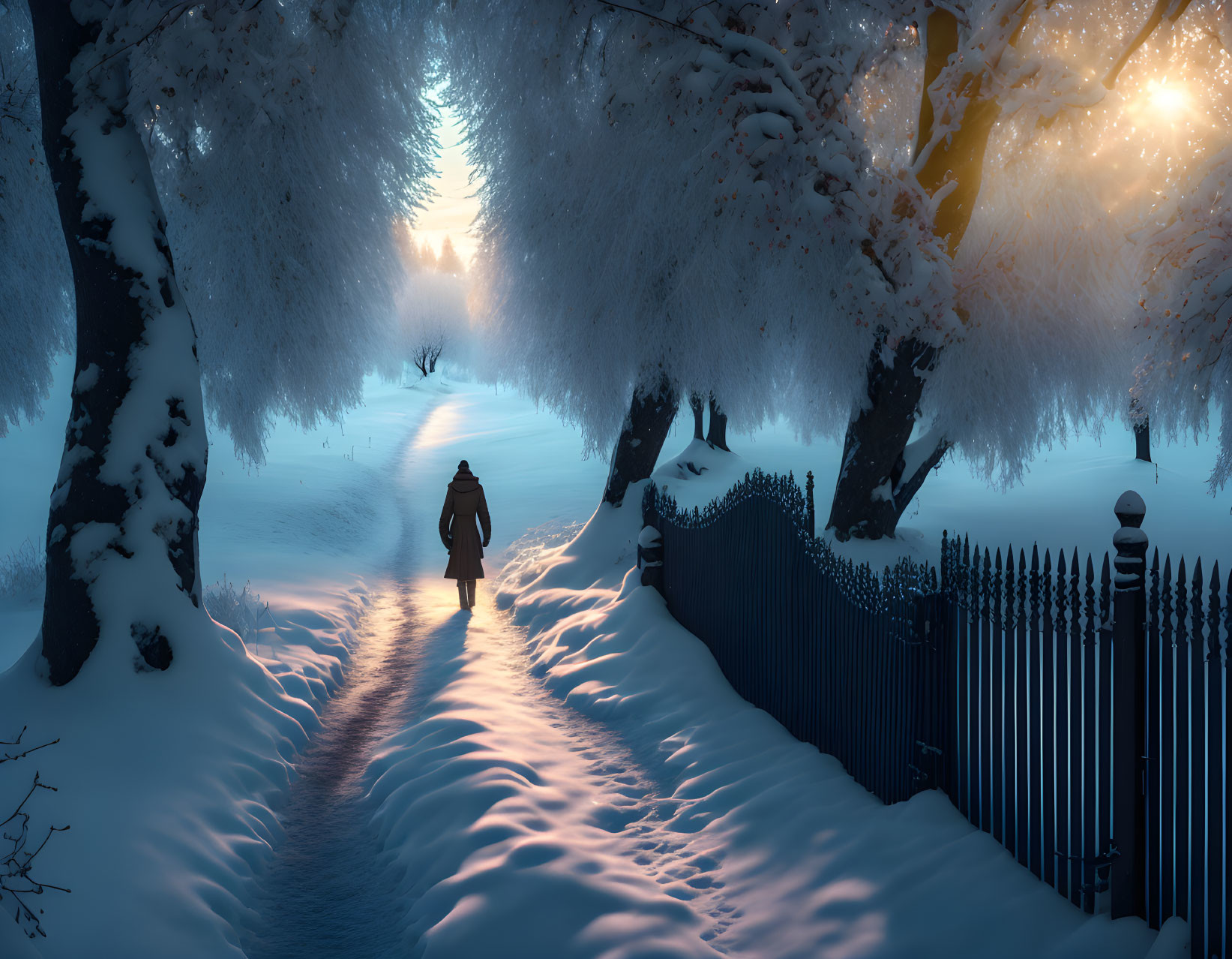 Snow-covered path with frosty trees and metal fence under warm sunlight