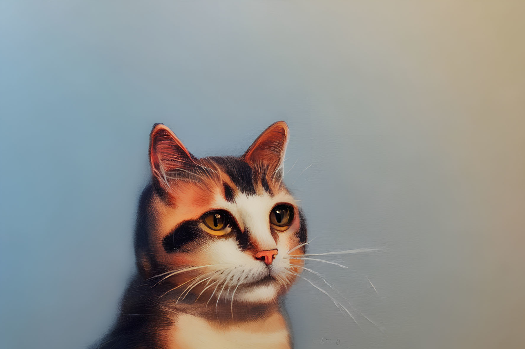 Detailed Digital Painting of Cat with Striking Yellow Eyes and Calico Markings