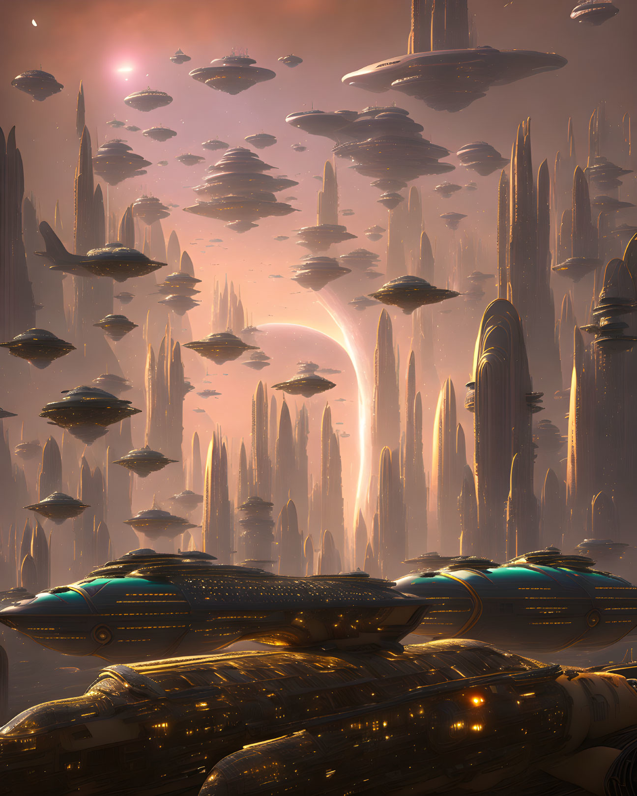 Sci-fi scene: Spaceships flying among towering rock formations under a pink-hued sky