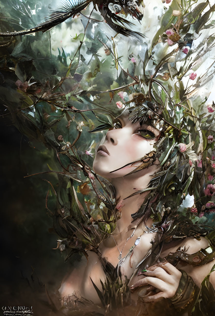 Ethereal figure surrounded by branches and blossoms in mystical forest ambiance