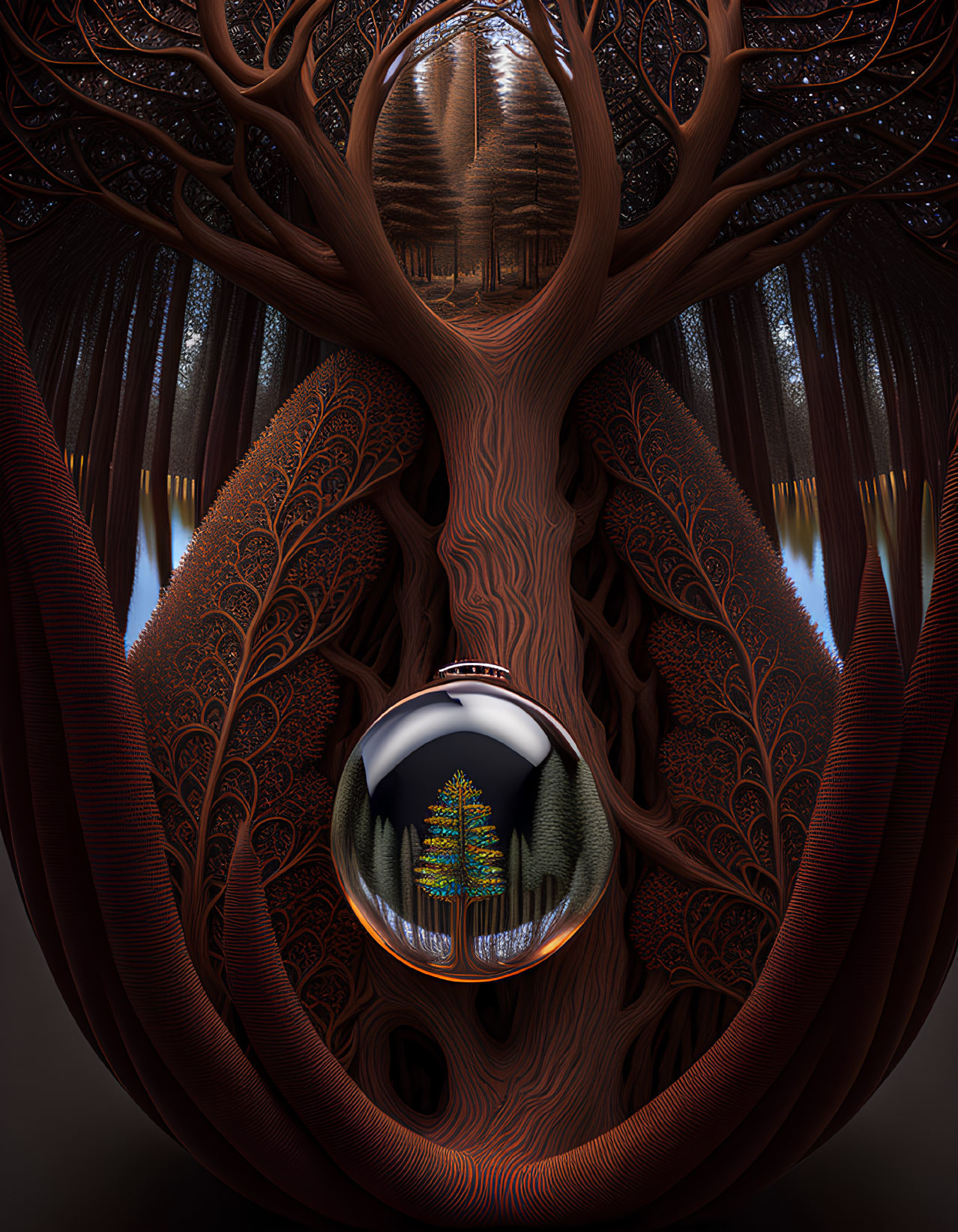 Symmetrical tree structure in surreal forest scene