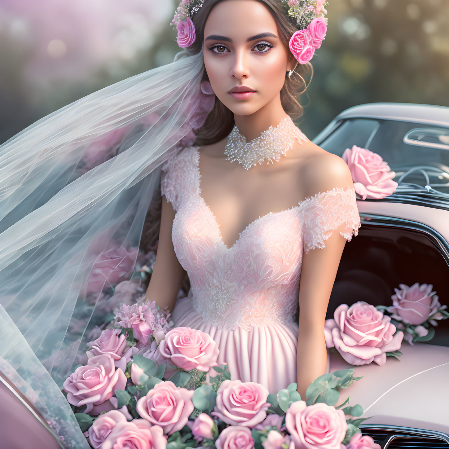 Bride in Pink Gown with Floral Headpiece in Vintage Car surrounded by Pink Roses