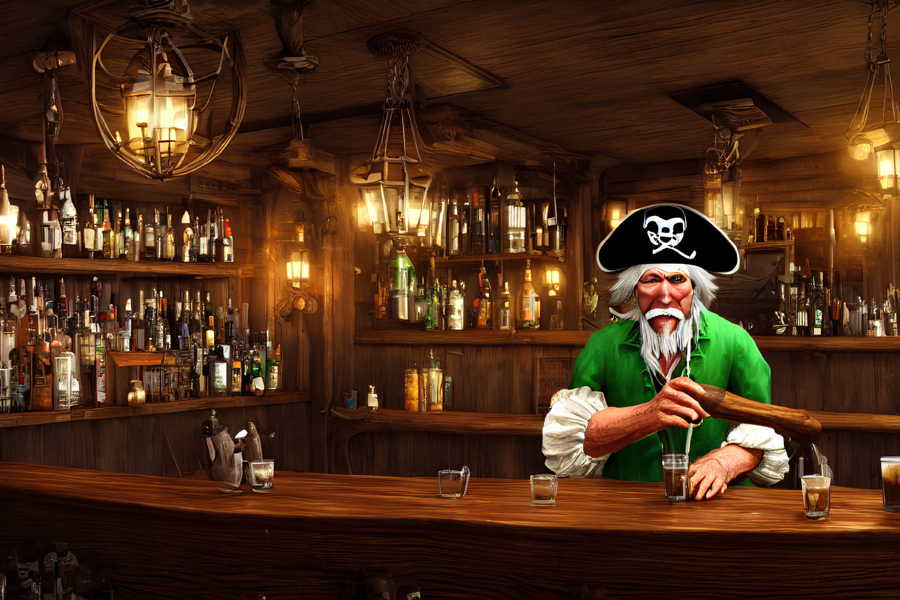 Pirate-themed bar with wooden decor and lantern lighting