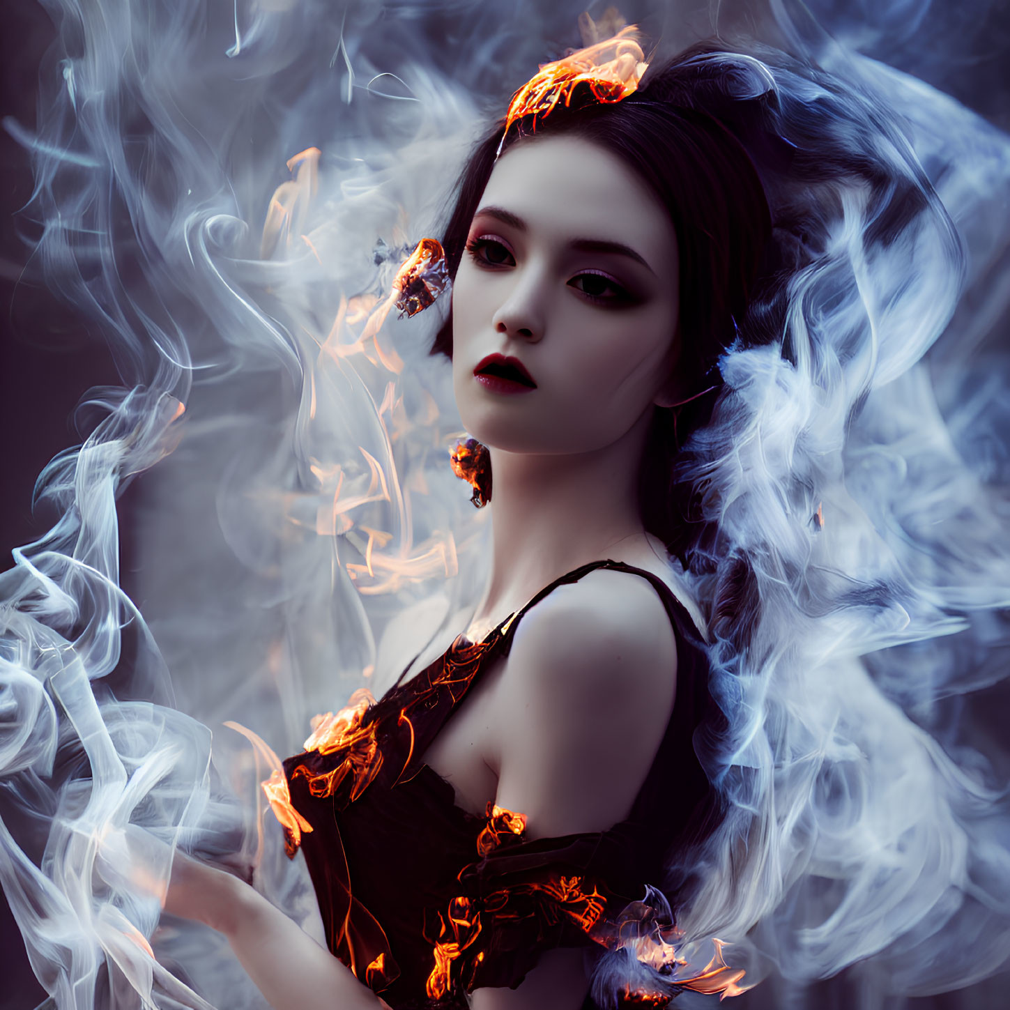 Woman with Dark Makeup and Fiery Orange Hair Accents in Swirling Smoke