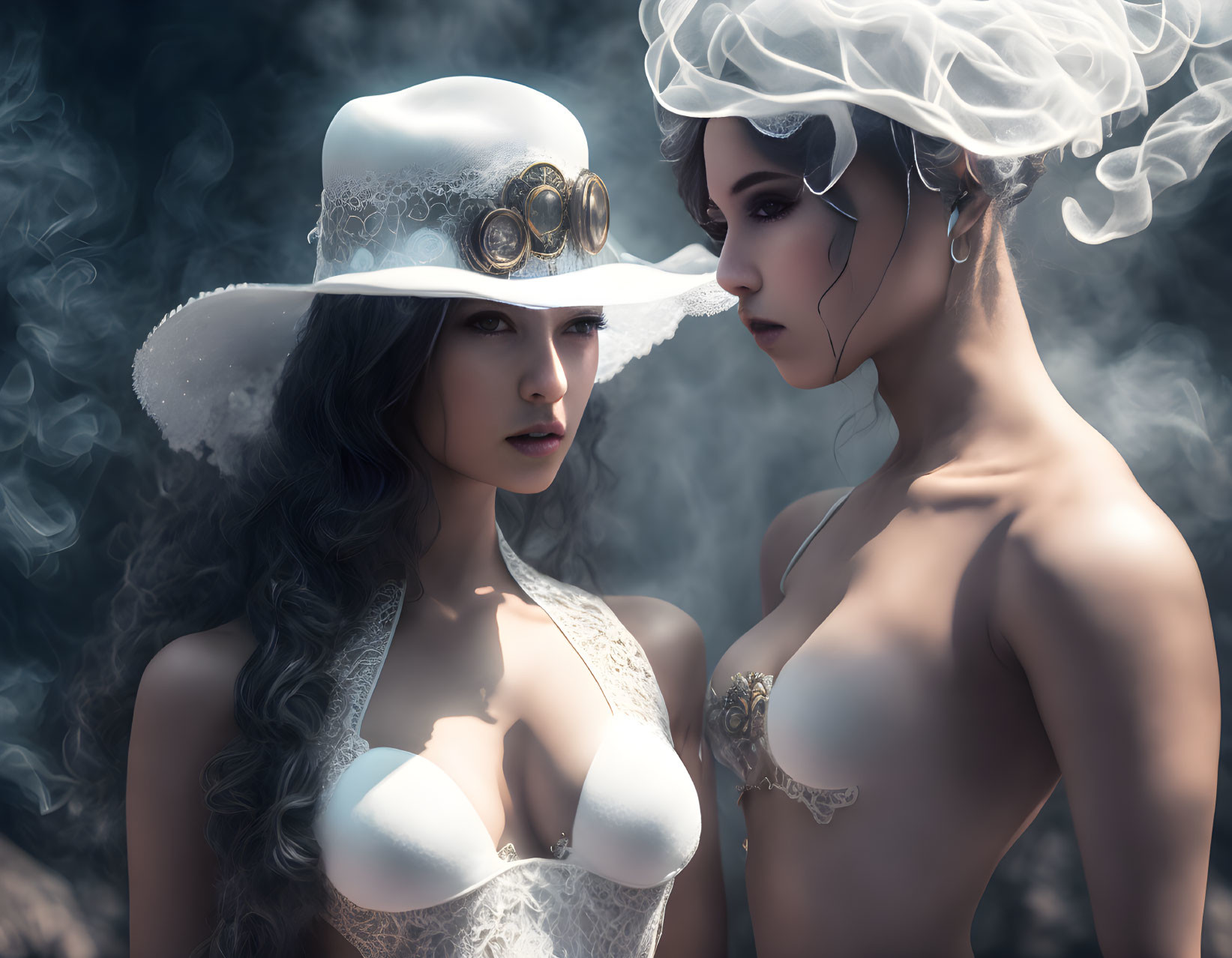 Two women in steampunk attire in mystical setting.