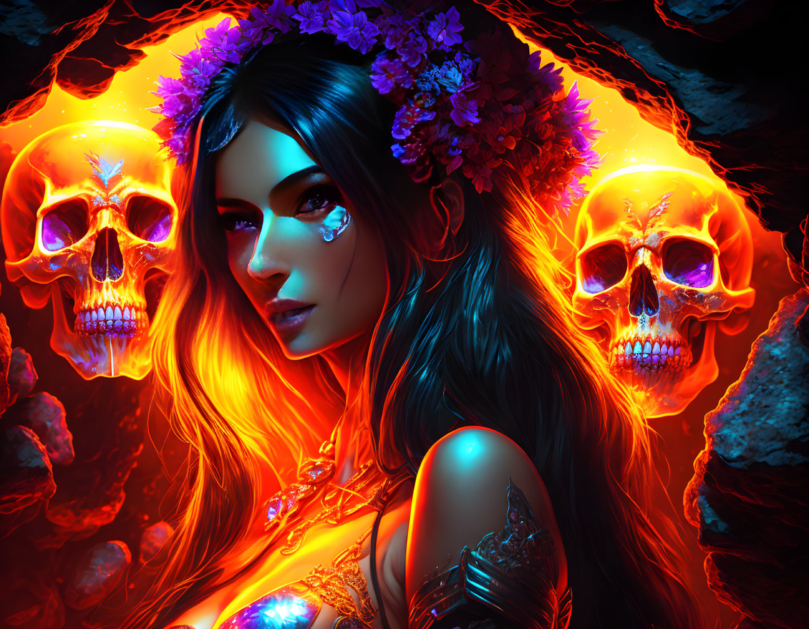 Woman with Floral Crown and Glowing Skulls on Dark Background