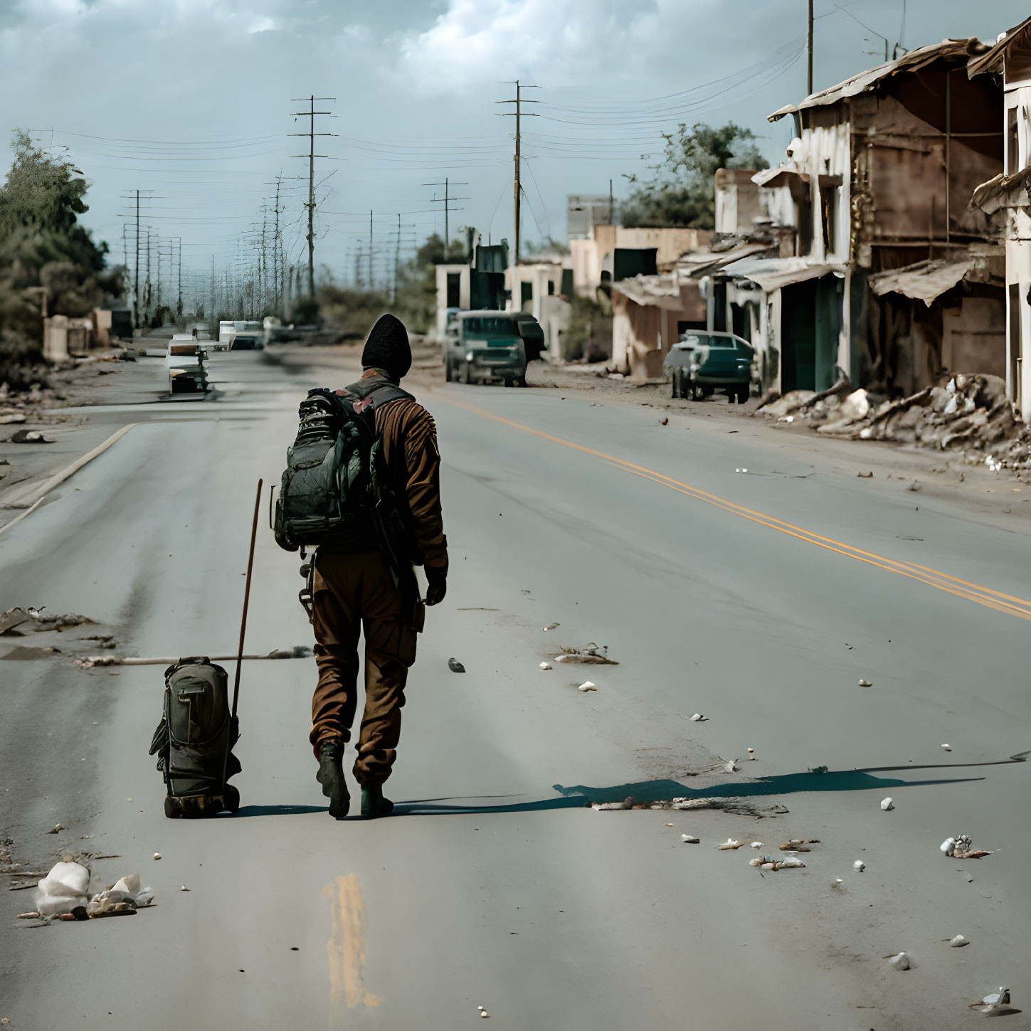 Person walking down desolate street with abandoned buildings and debris