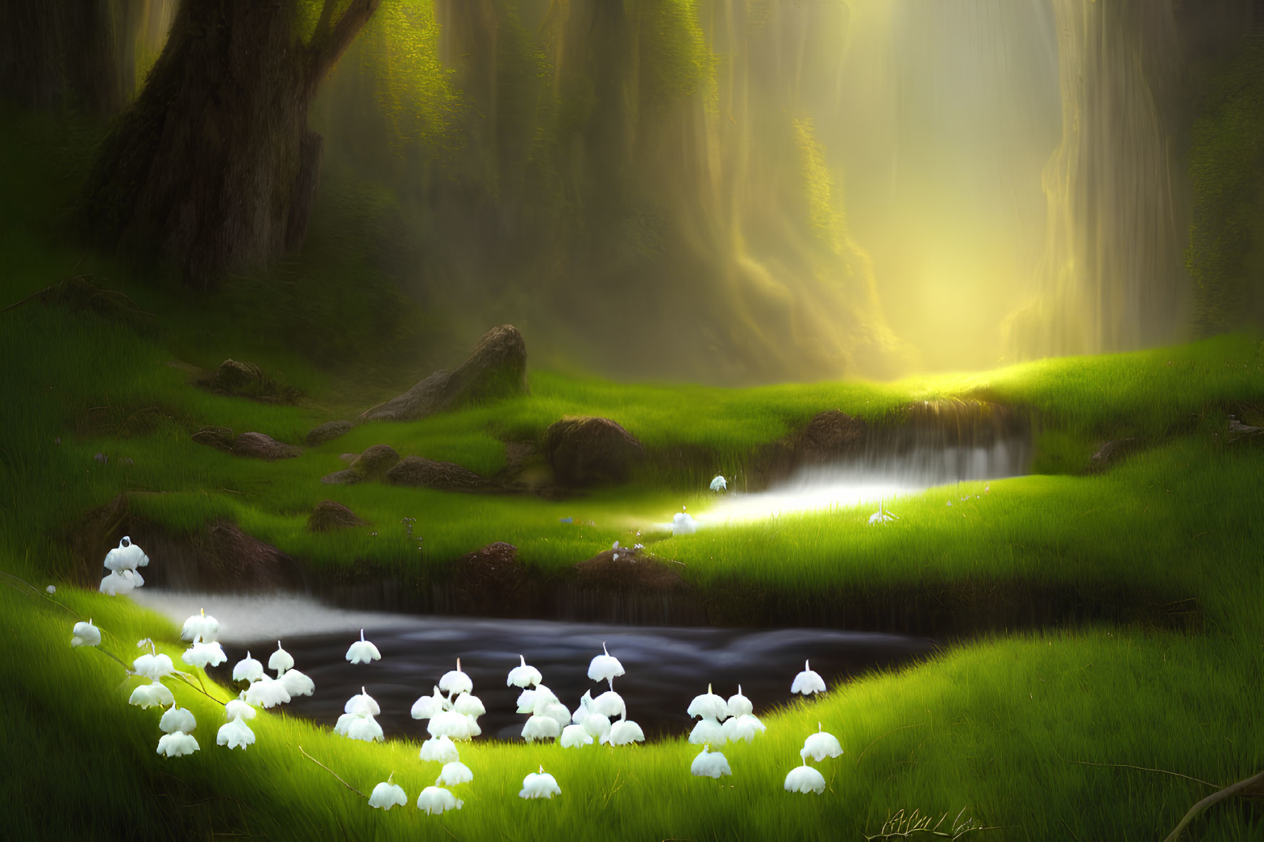 Fantasy forest scene with waterfall, glowing mushrooms, and ethereal light