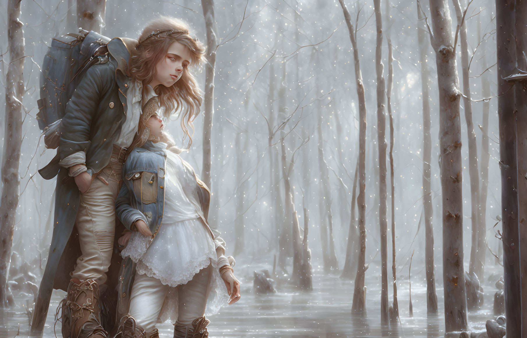 Fantasy traveler couple in snowy forest, man carrying woman on back