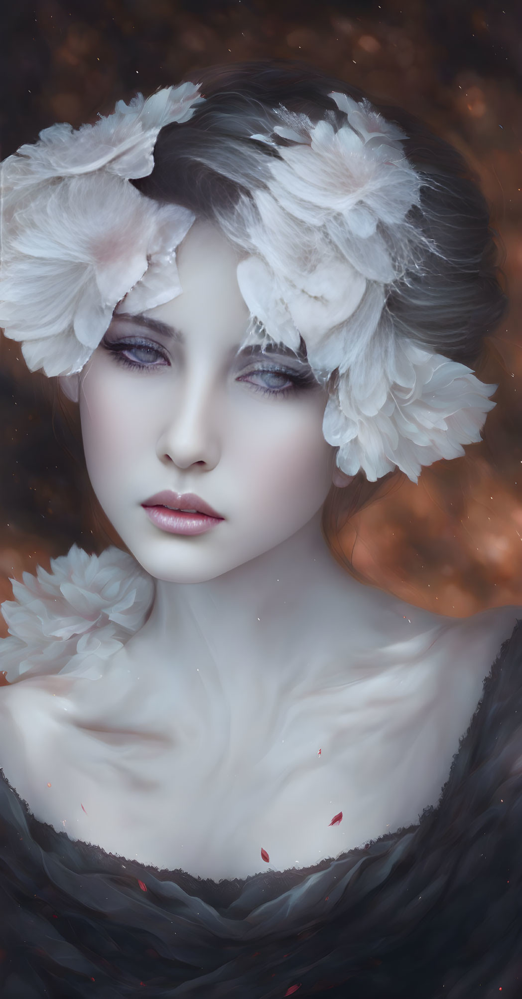 Woman's portrait with closed eyes and white flowers against starry background