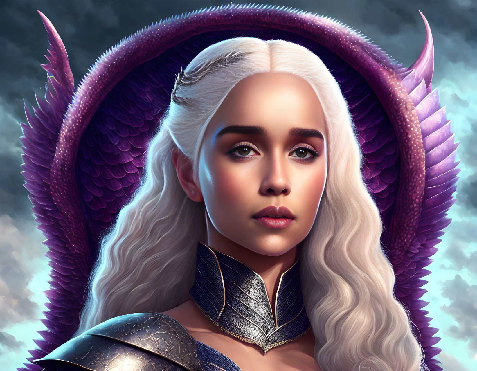 Digital portrait of woman in dragon armor with white hair against cloudy sky