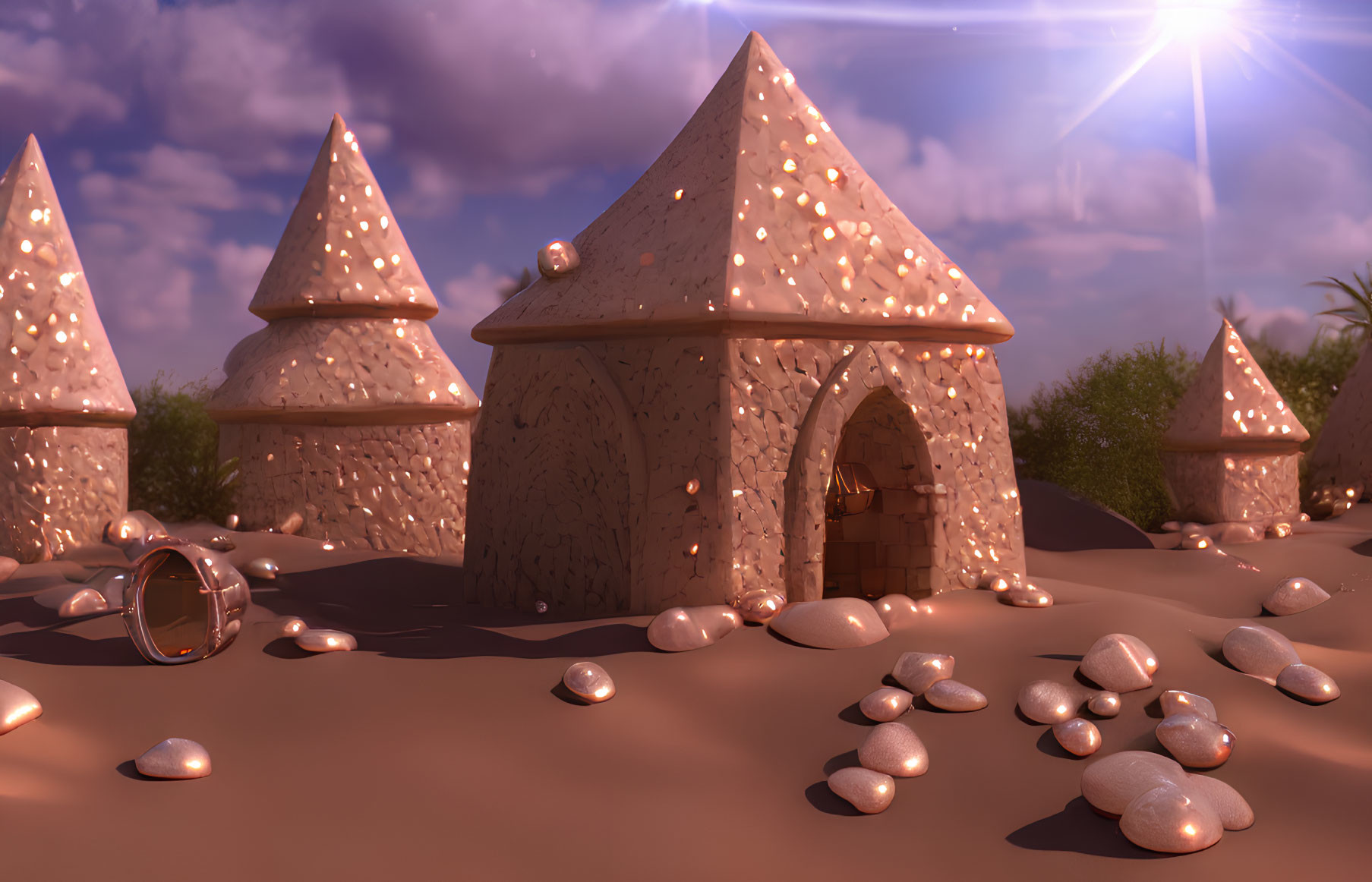 Whimsical inverted cone buildings in a fantasy desert scene