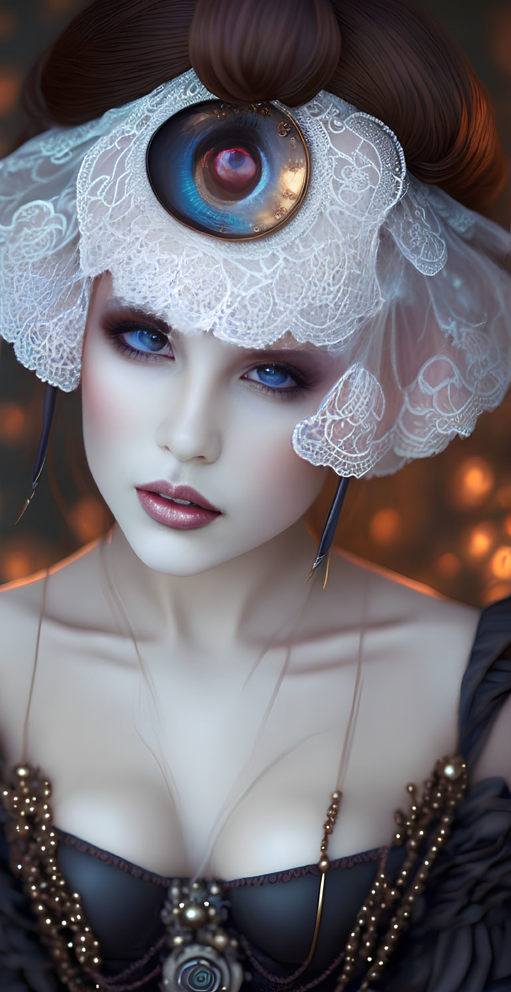 Digitally-created woman with oversized eye ornament and pearl necklace on warm bokeh background