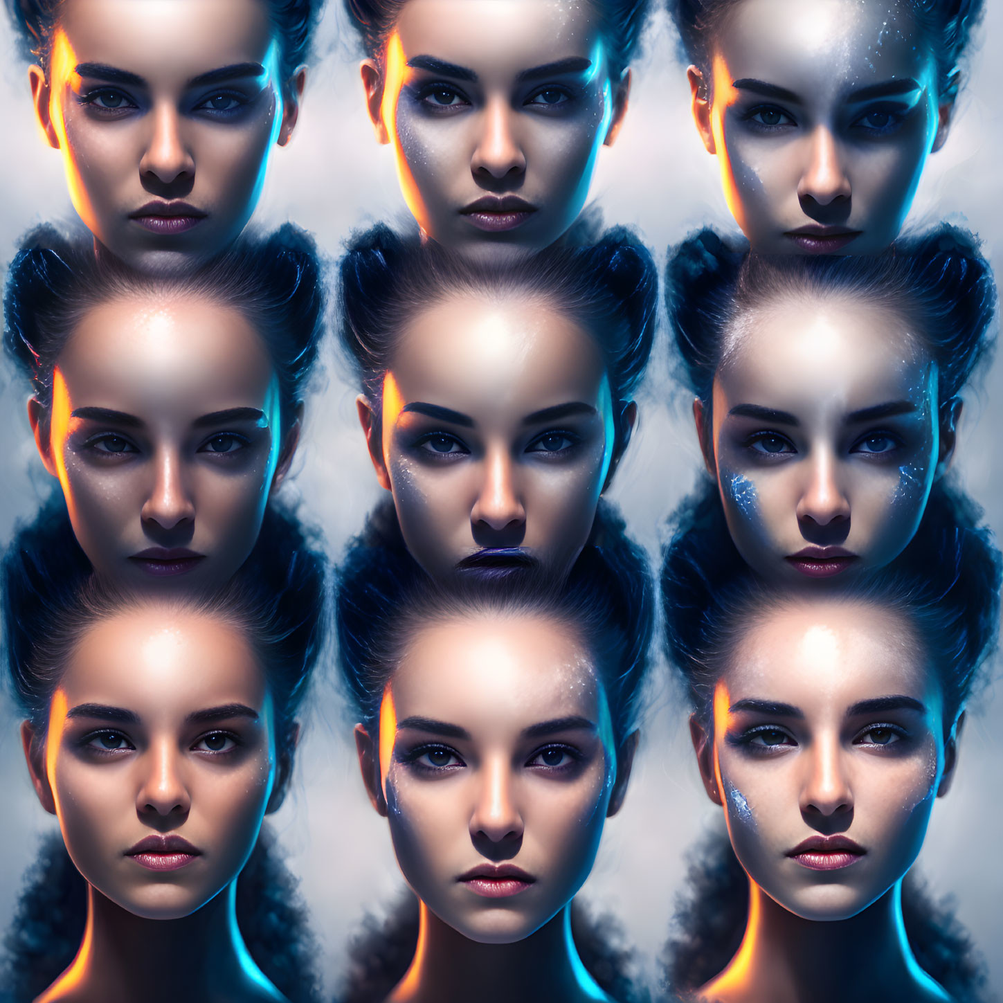 Grid of Nine Futuristic Female Faces with Varied Makeup & Expressions