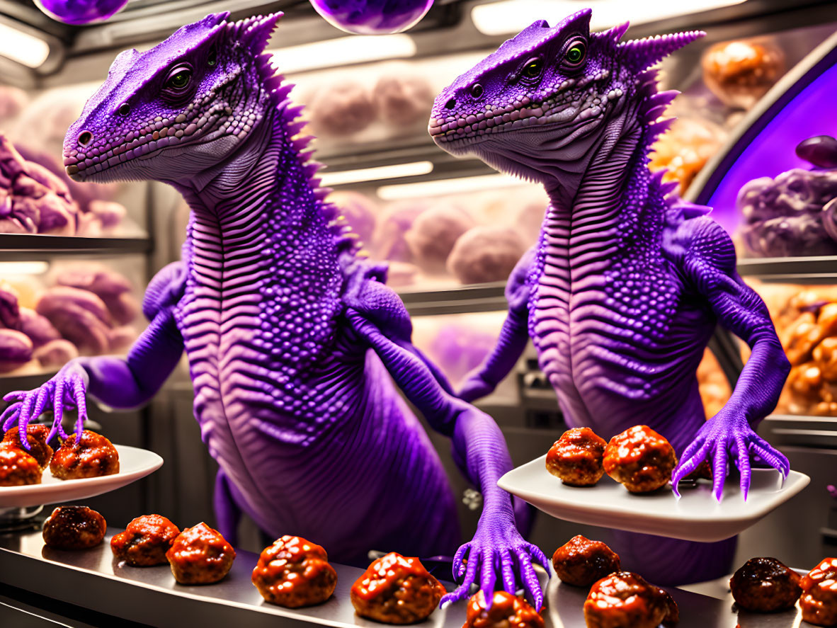 Purple anthropomorphic dinosaurs in bakery with round treats and baked goods