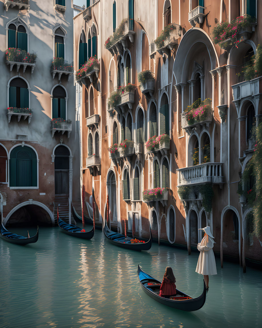 Gondola navigating serene Venetian canal with picturesque buildings and blooming flowers