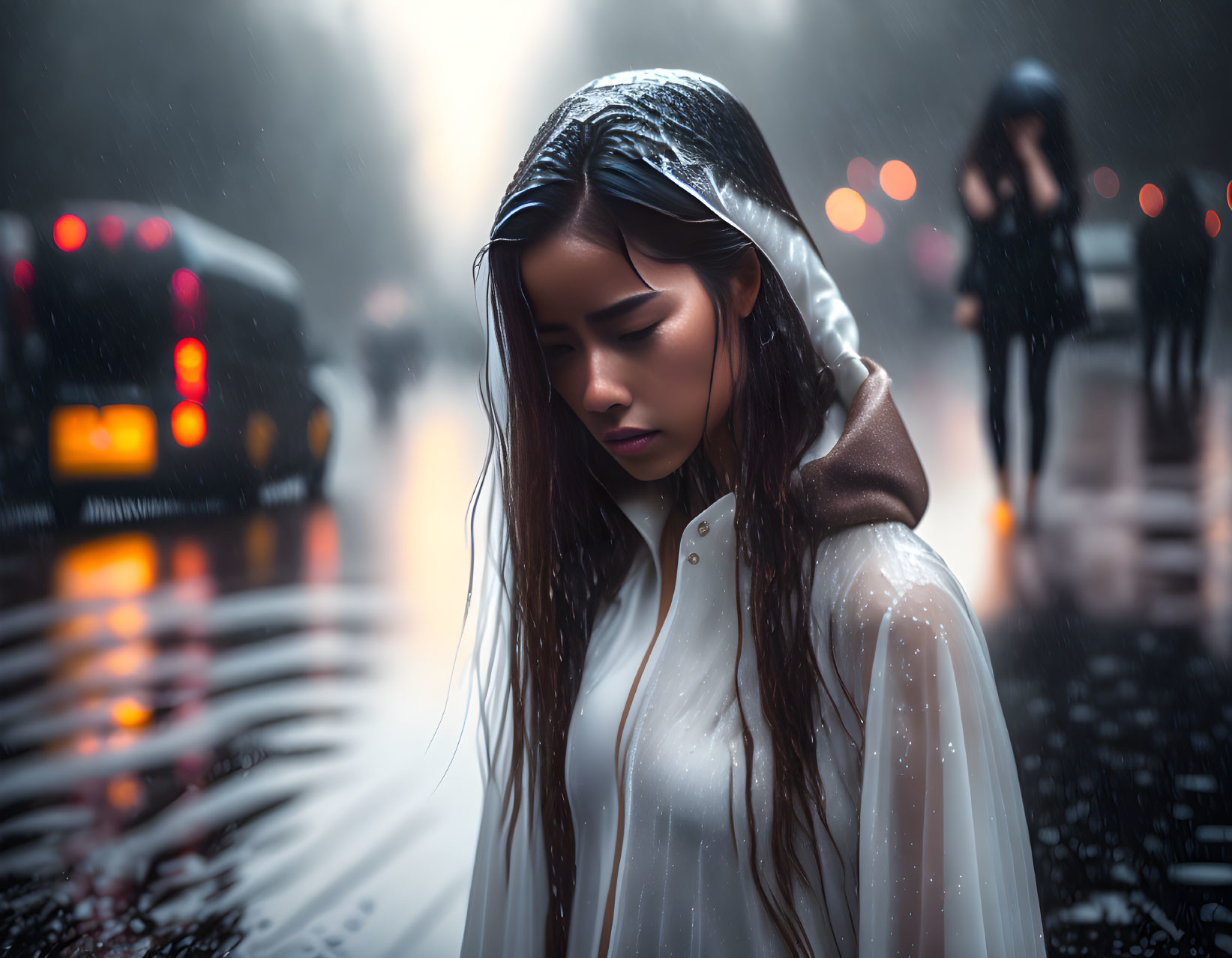 Woman in raincoat with wet hair standing in city rain