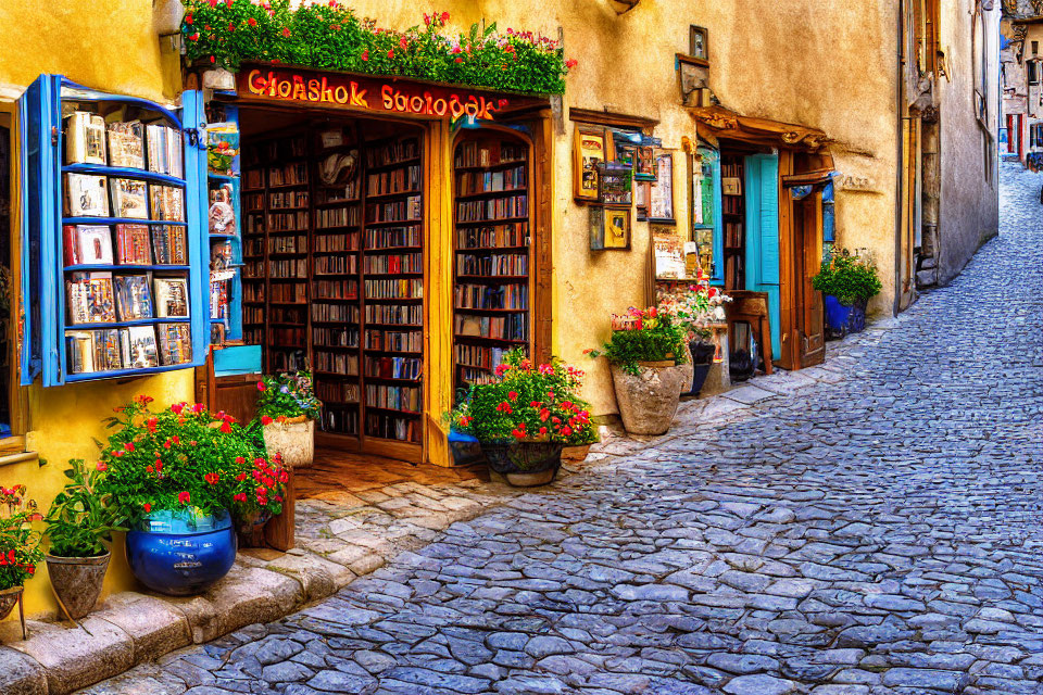 Colorful Bookstore Facade on Cobblestone Street