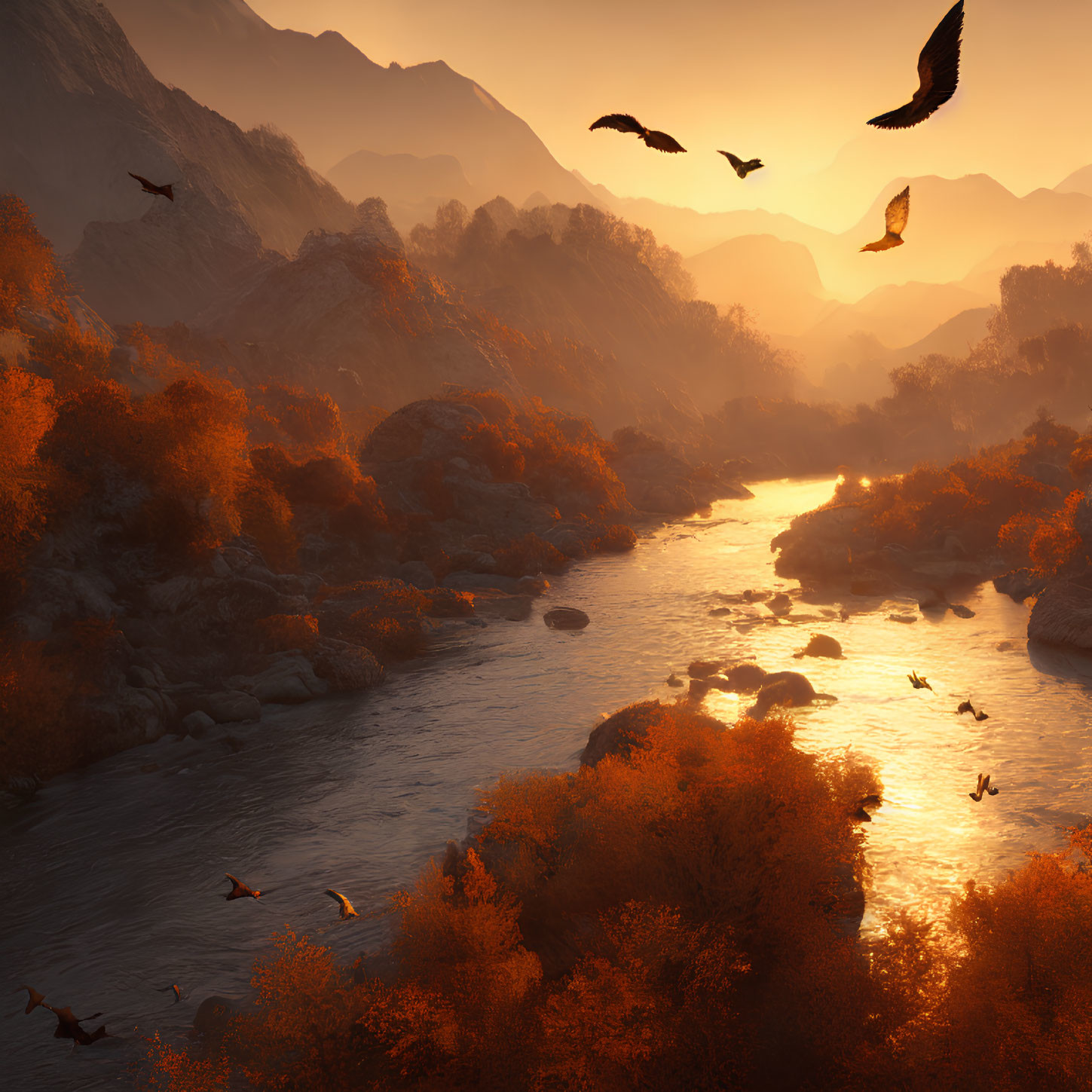 Tranquil sunrise over river in autumn forest with birds and warm light