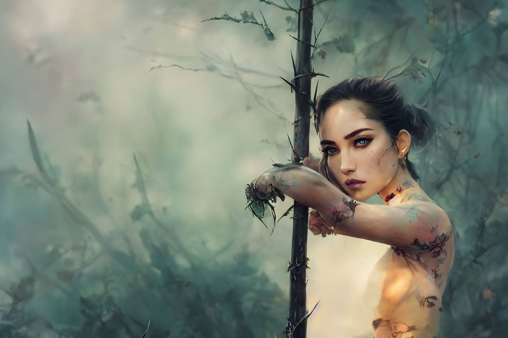 Digital artwork: Woman with dirt-covered face and cuts holding thorny branch in misty forest