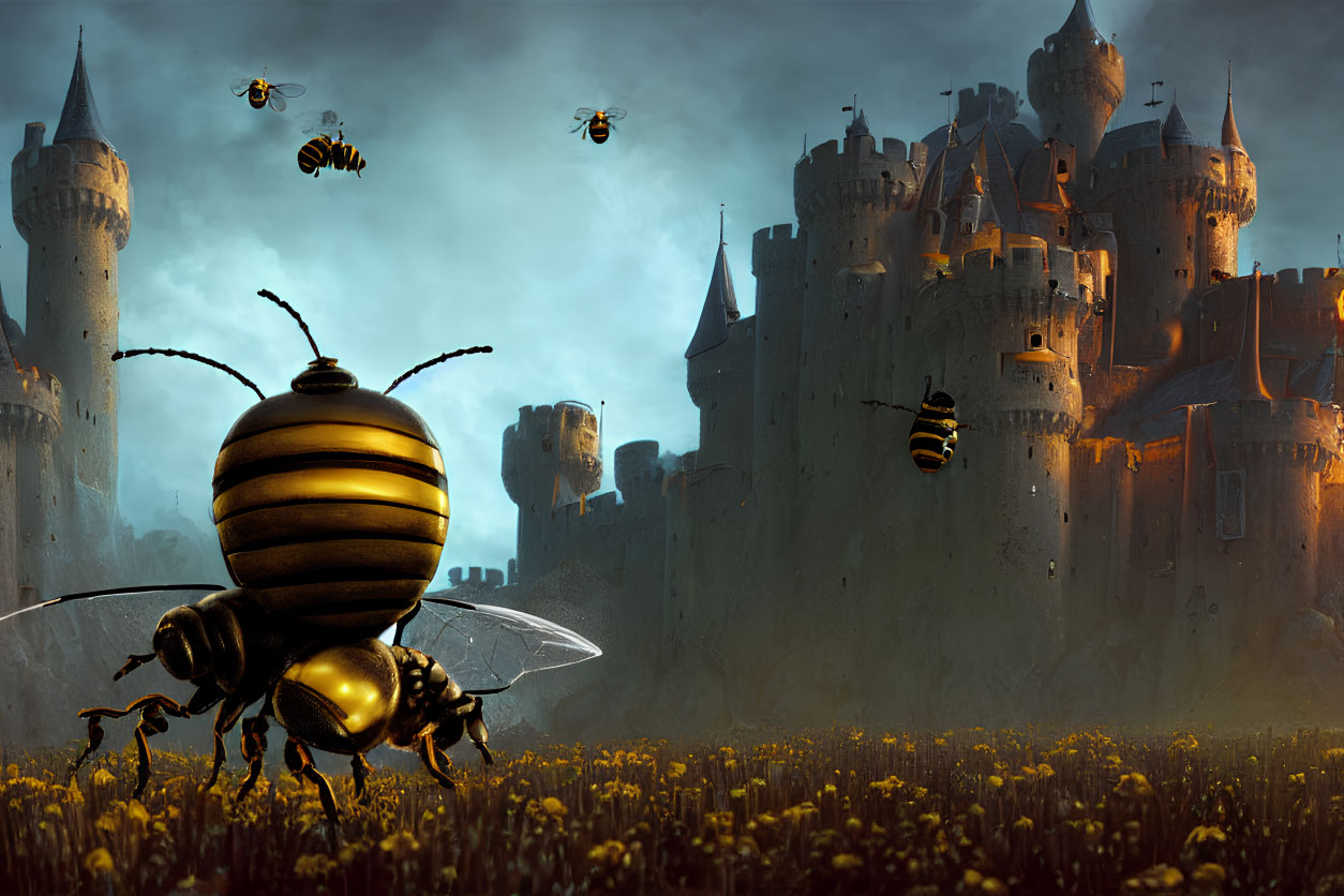 Giant bees near medieval castle in flower field under dramatic sky