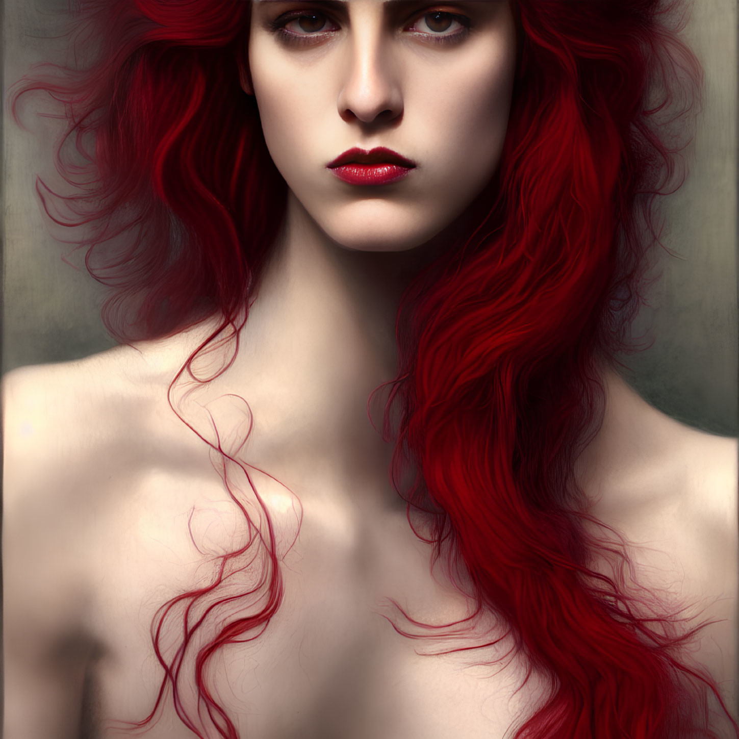 Portrait of Person with Flowing Red Hair and Piercing Eyes