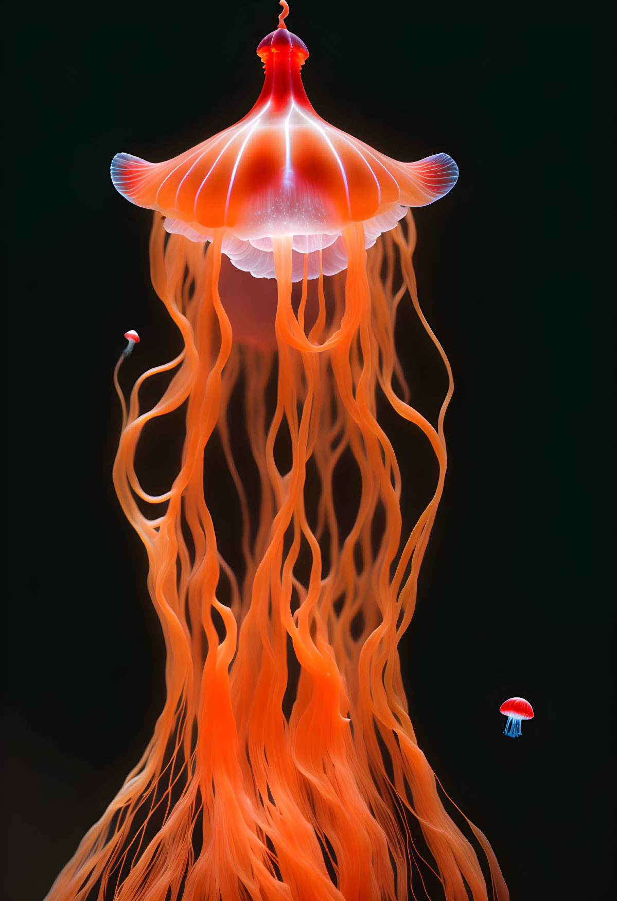 Vivid orange jellyfish with long tentacles in dark background.