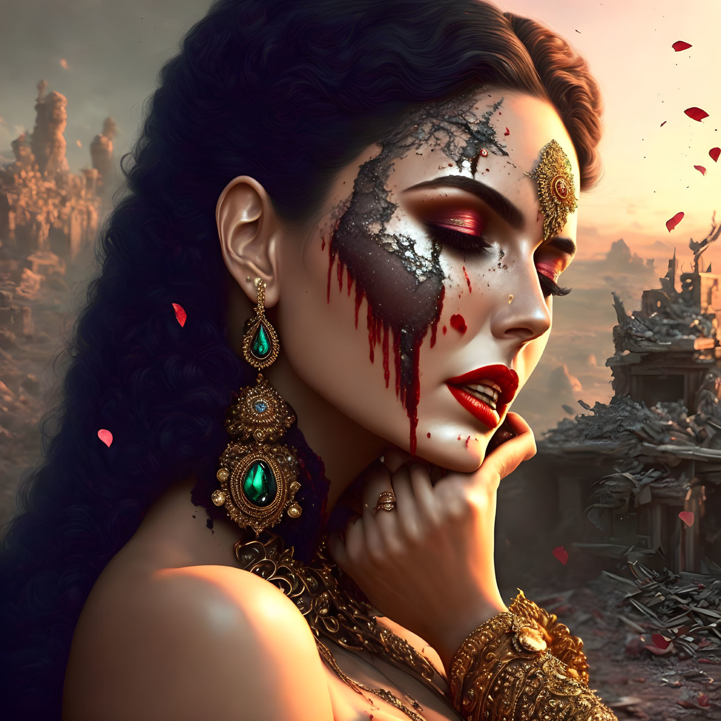 Bloodied woman with ornate jewelry in front of ruinous backdrop.