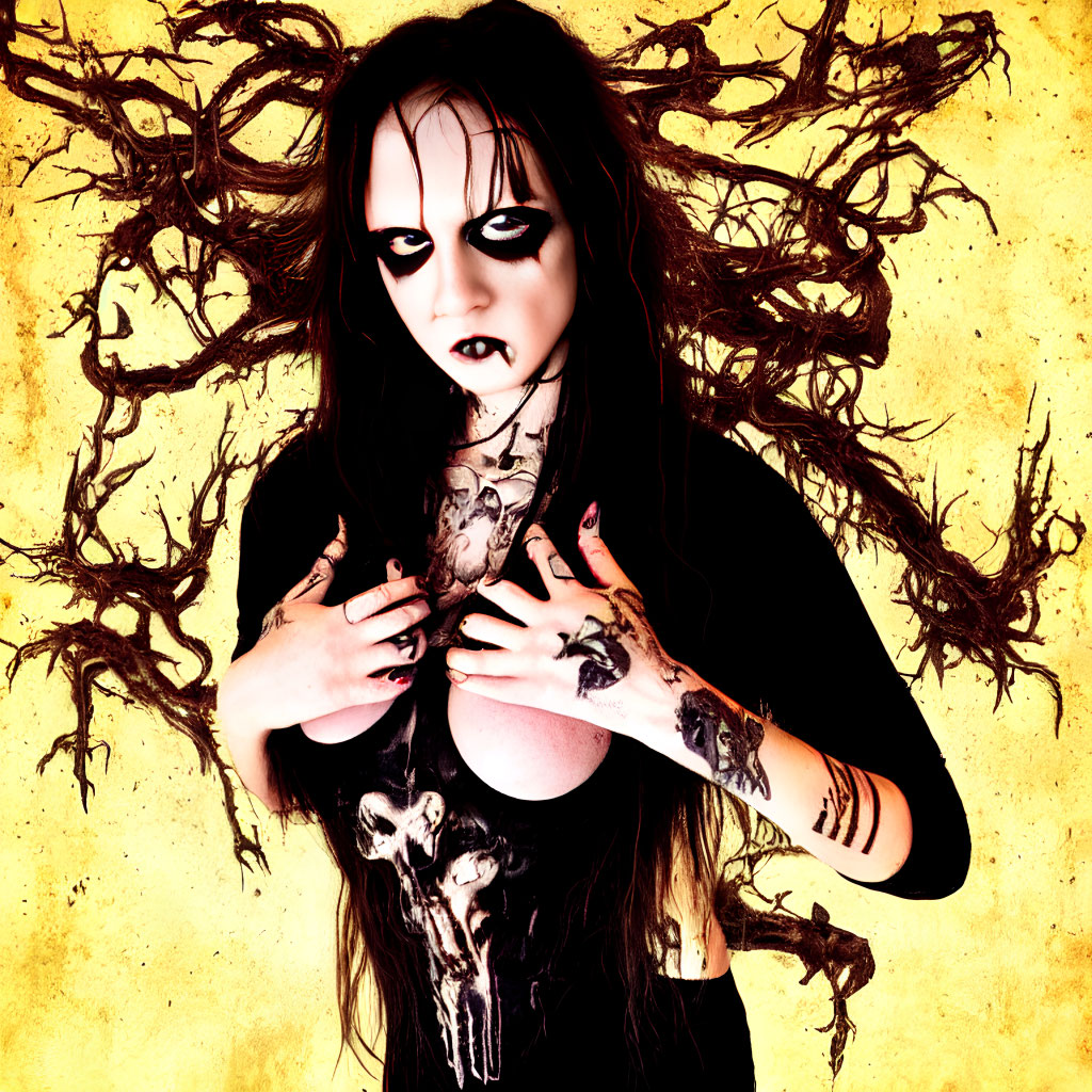 Person in dark makeup and black attire against yellow backdrop with tree-branch patterns