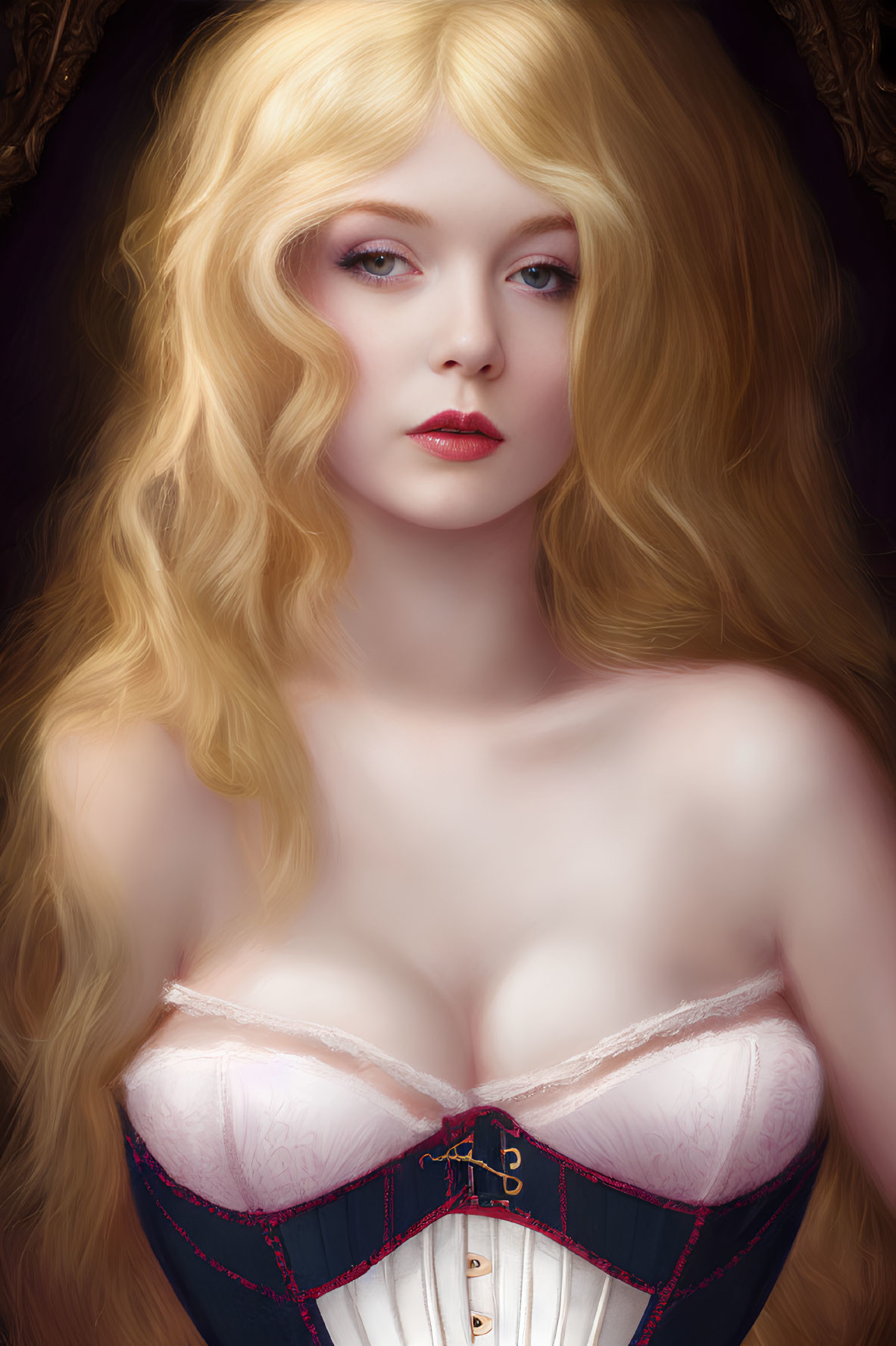 Portrait of Woman with Blonde Hair, Red Lips, and White Corset