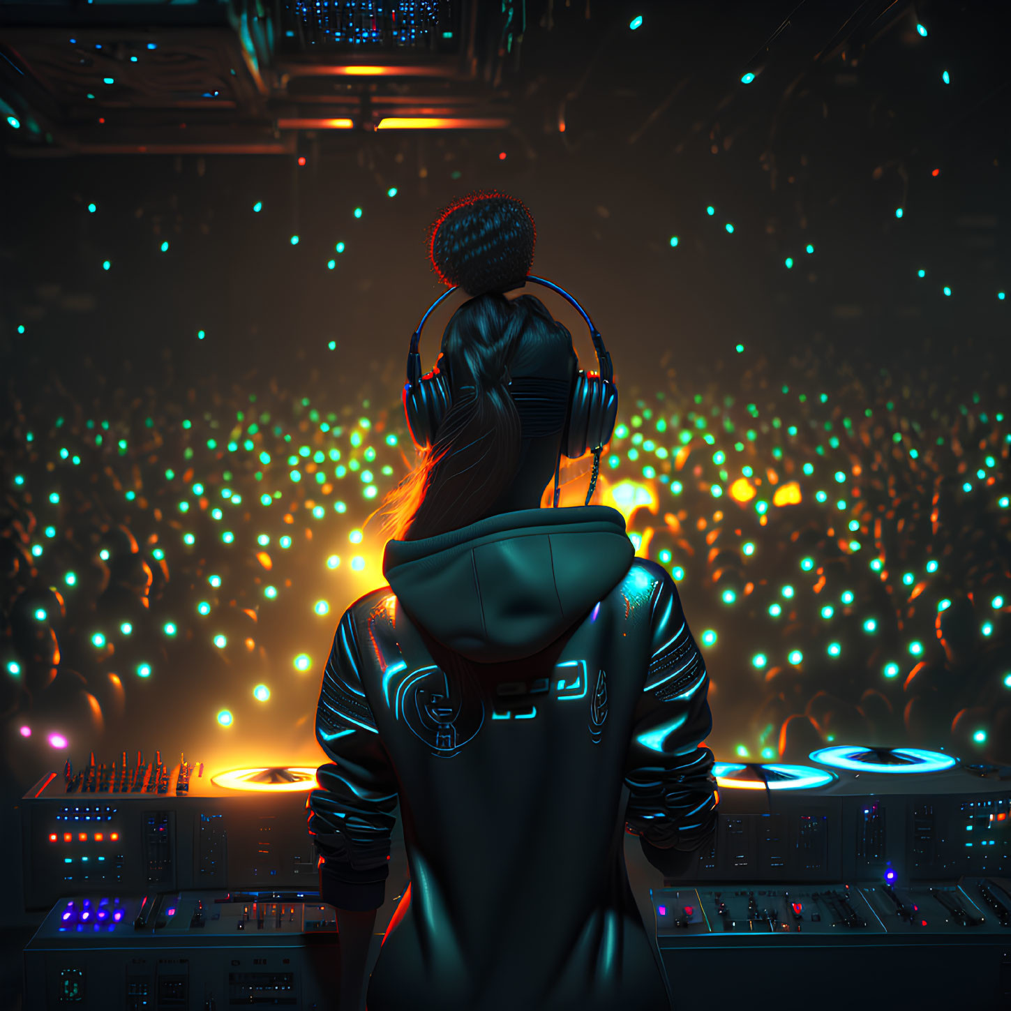 Female DJ in neon-lit club with headphones and crowd