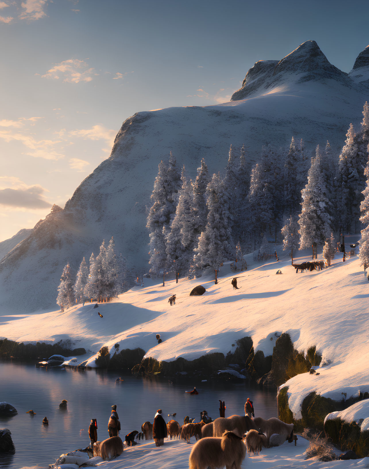 Snowy Winter Landscape: Horses Grazing by Frozen Lake