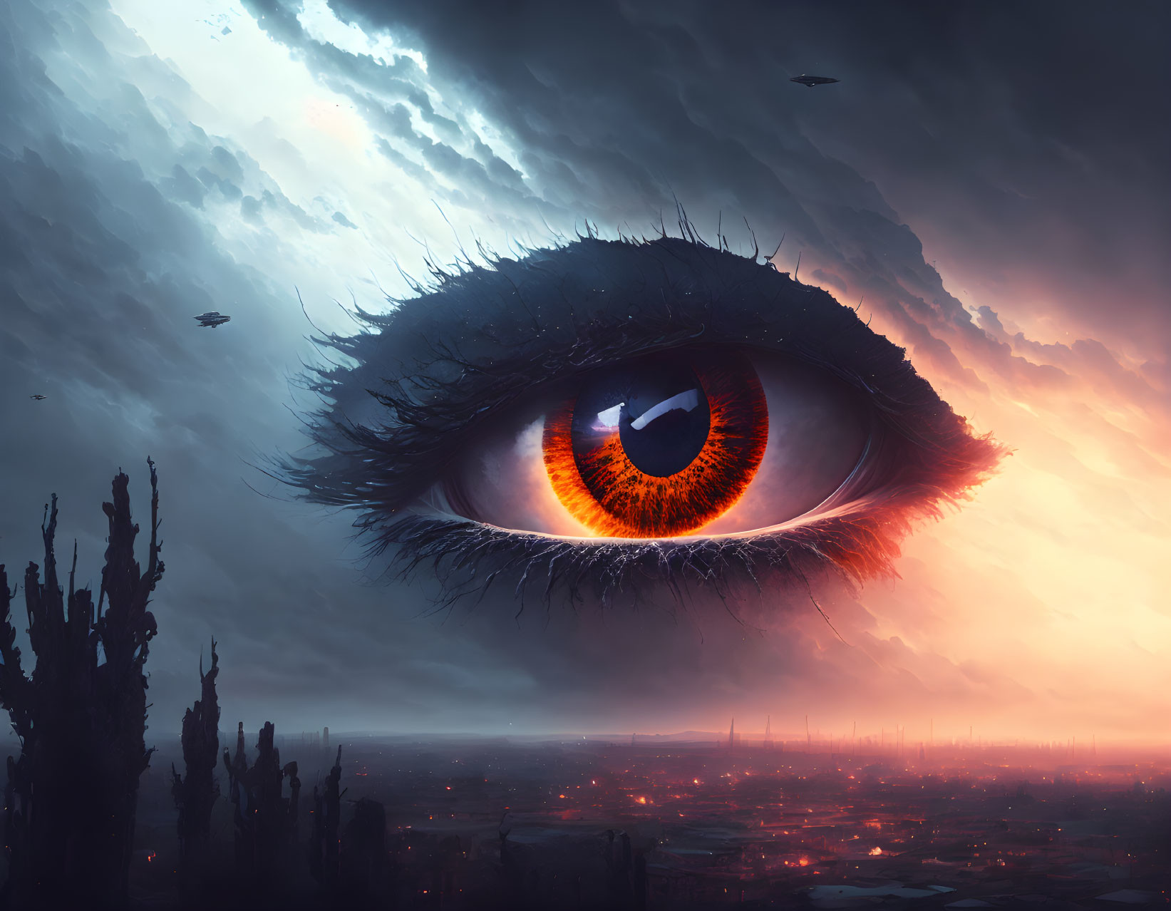 Surreal landscape with giant eye, dystopian terrain, stormy atmosphere & flying crafts