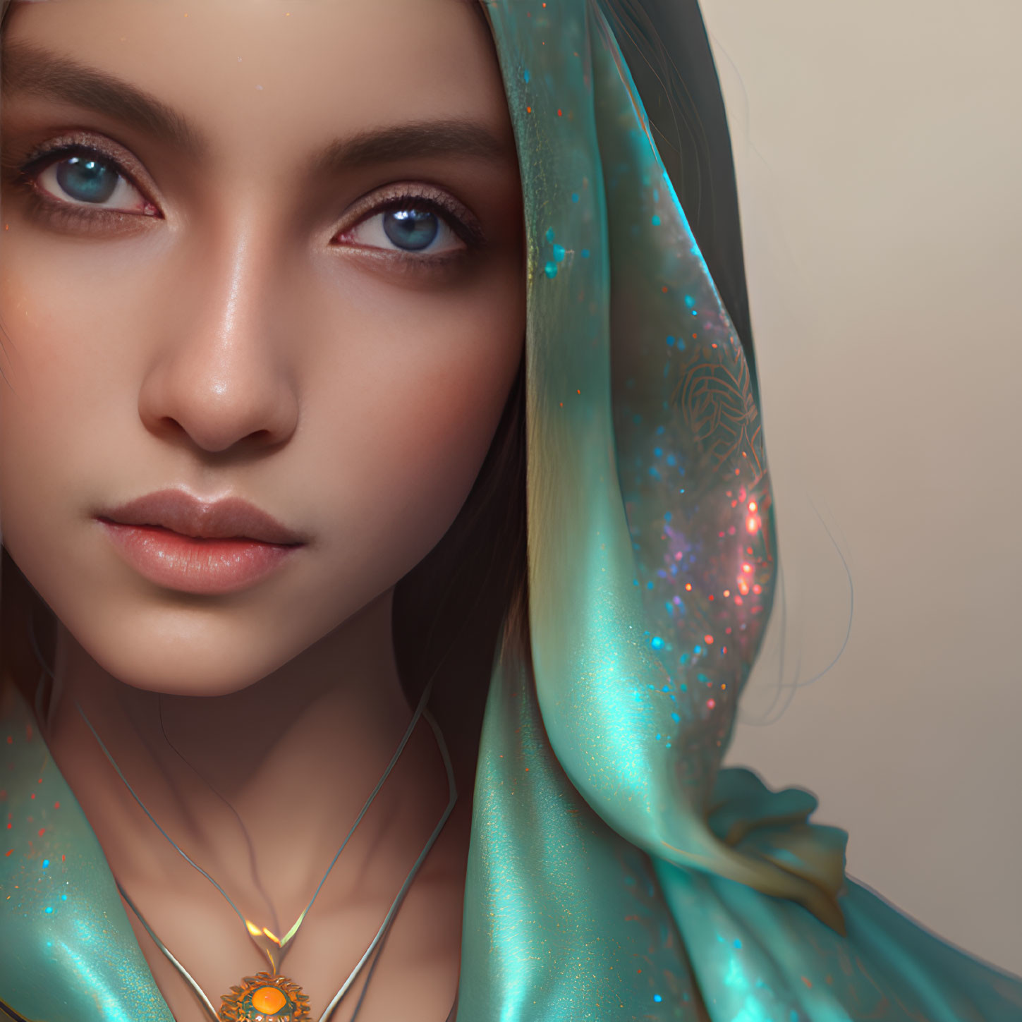 Portrait of Woman with Blue Eyes and Teal Scarf