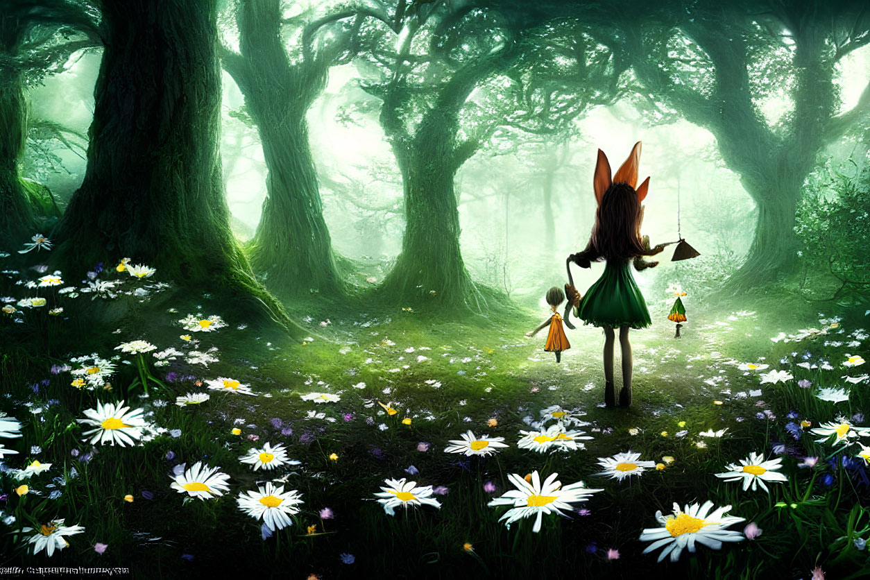 Illustration: Fox-masked characters playing violins in enchanted forest glade