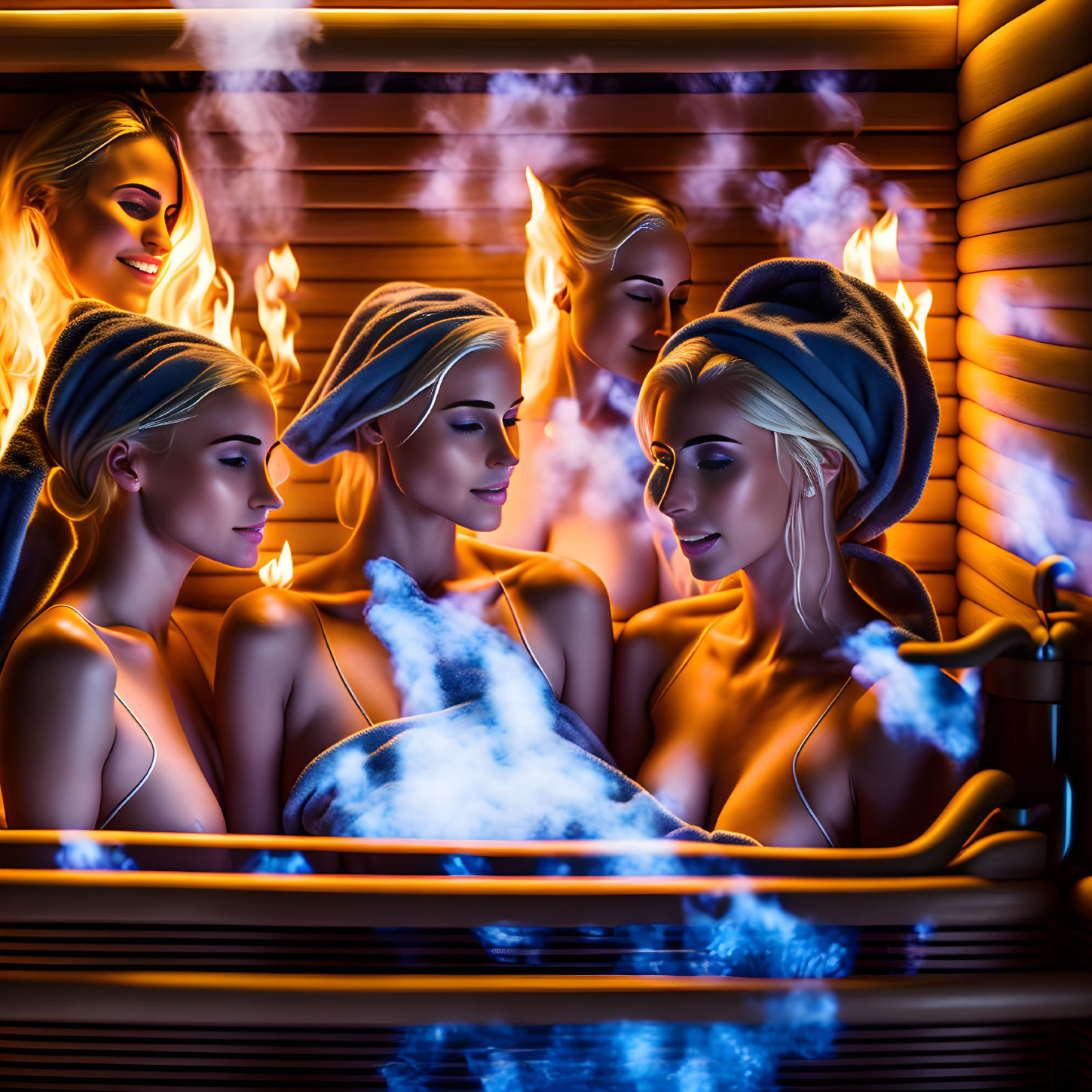 Women in sauna with towels, ambient lighting, and steam.