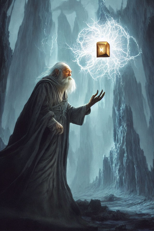 Elderly wizard with long beard summons mystical cube in misty landscape