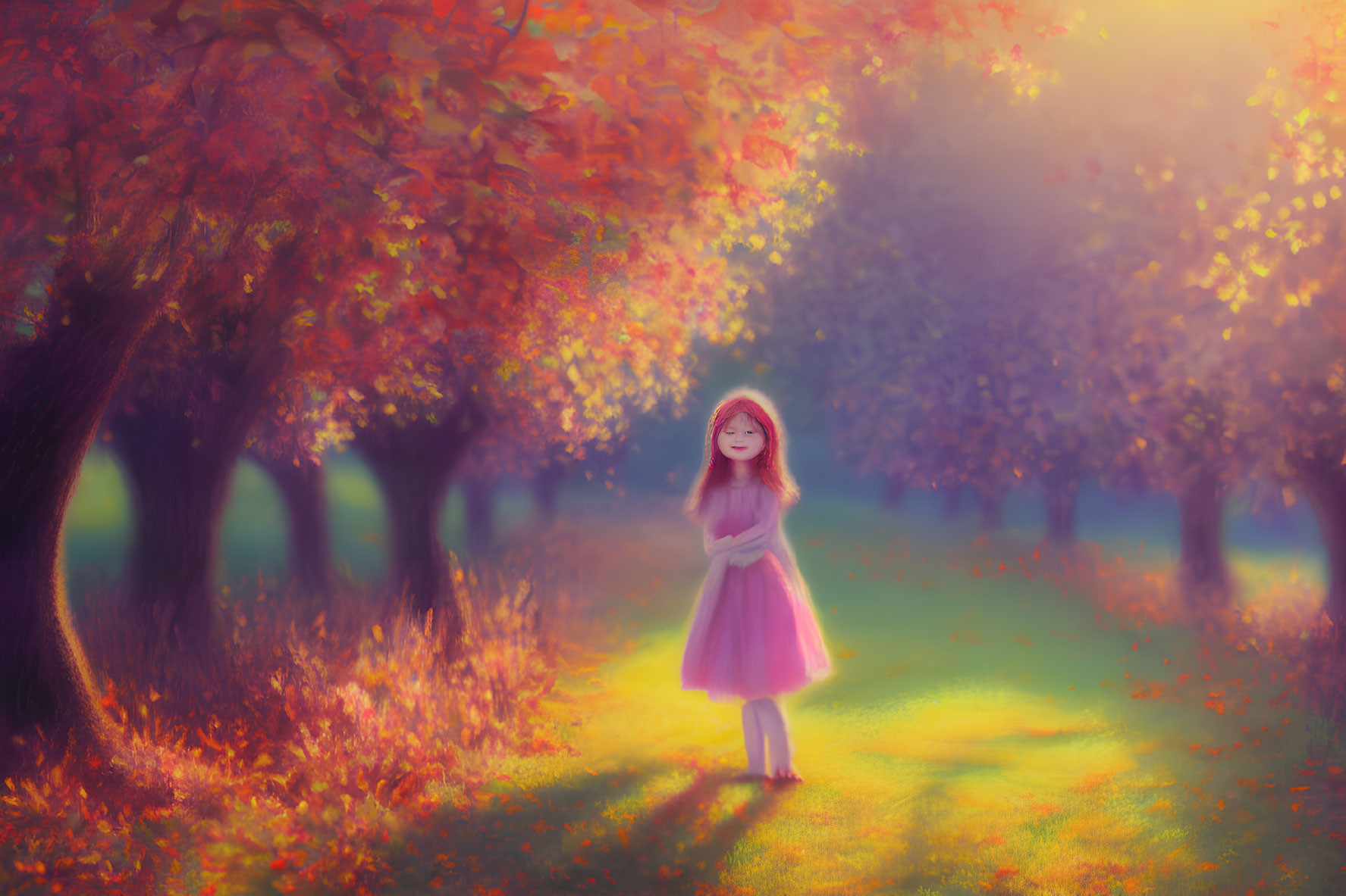 Girl in Pink Dress in Vibrant Autumn Forest Under Warm Sunlight