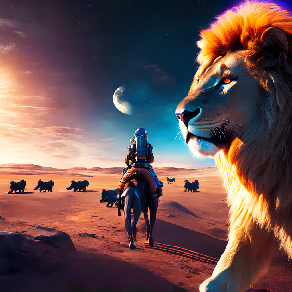 Person riding giant lion with pack in desert under twilight sky