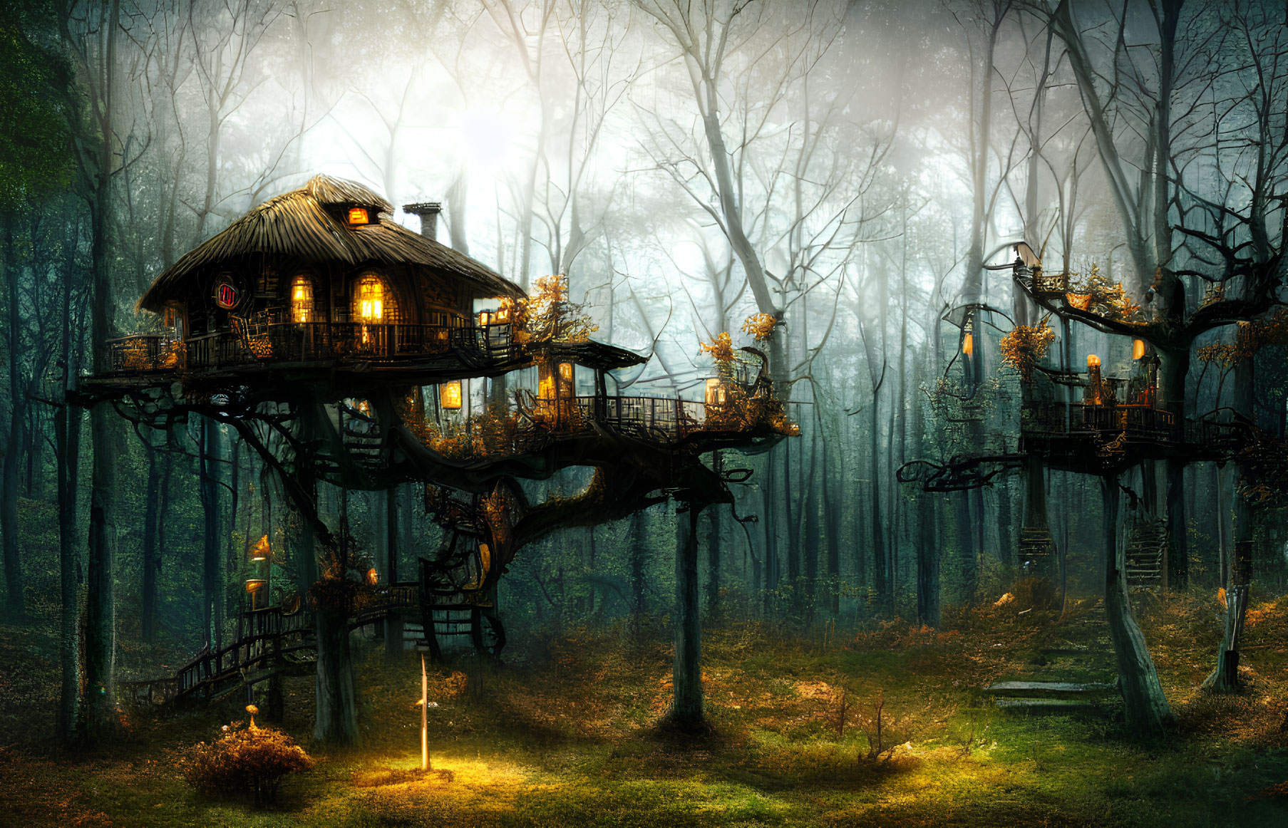 Misty forest treehouse with intricate walkways and warm glowing lights