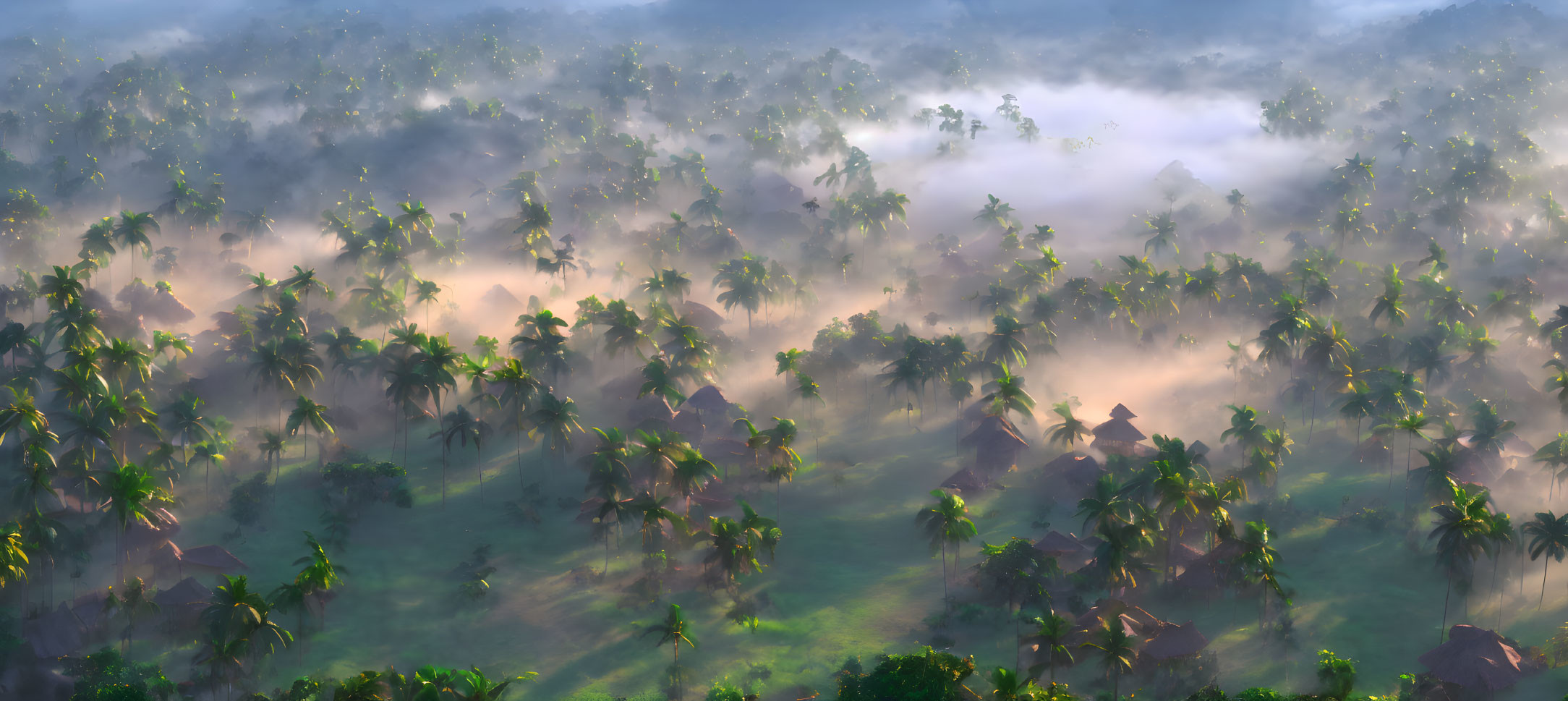 Tropical Landscape with Palm Trees and Traditional Huts at Sunrise